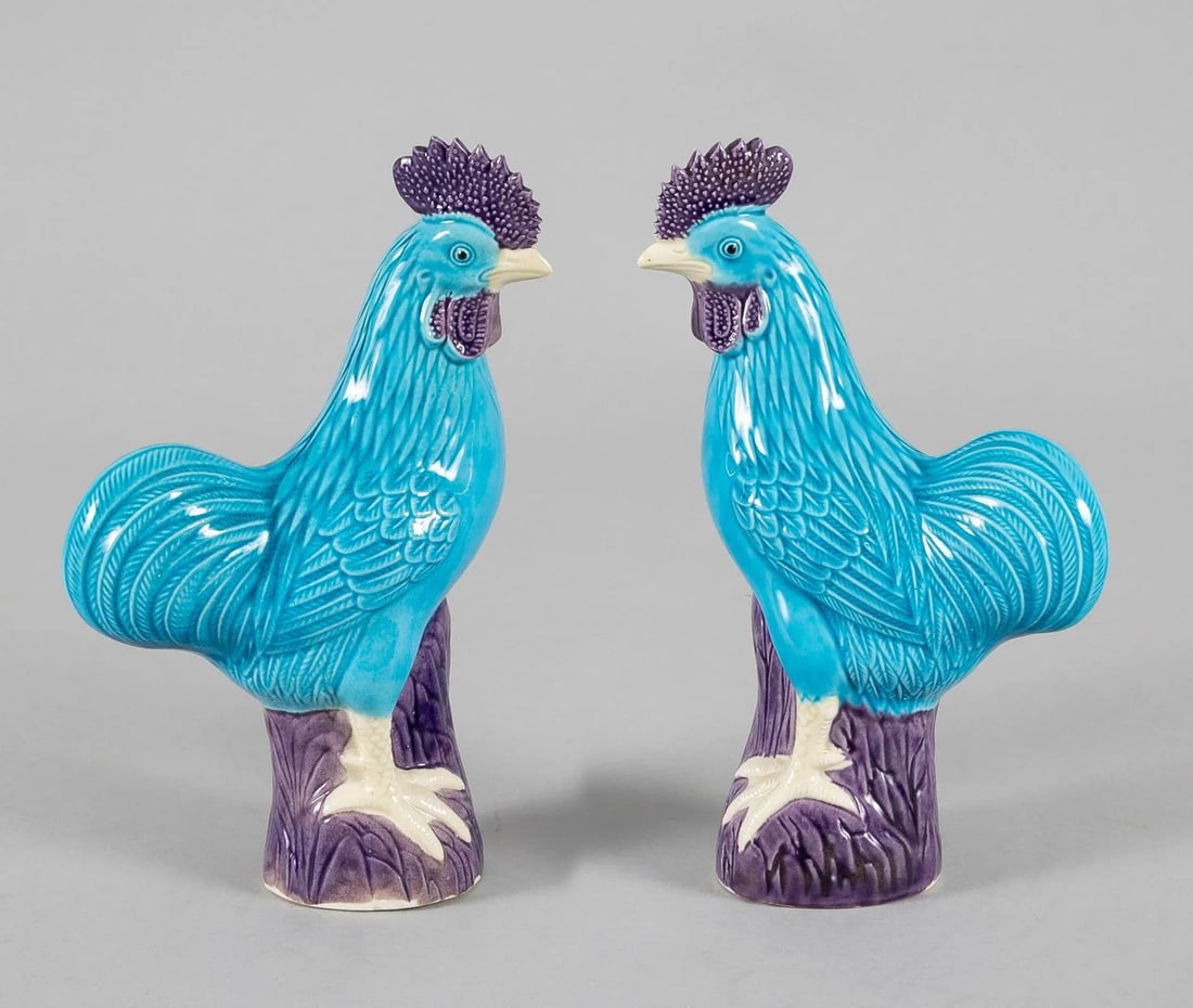 Chinese Export Porcelain Turquoise and Purple Roosters, a Pair - 8