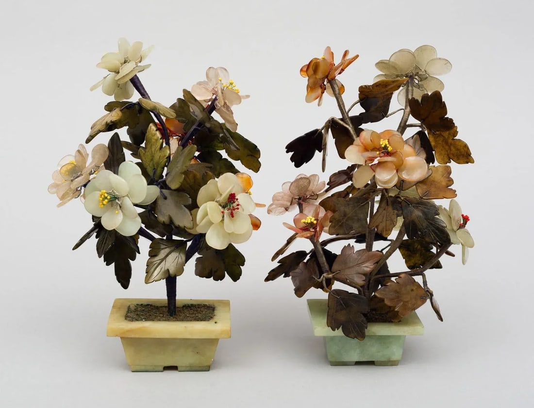 Assembled Chinese Hardstone Flowers - a Pair - 2