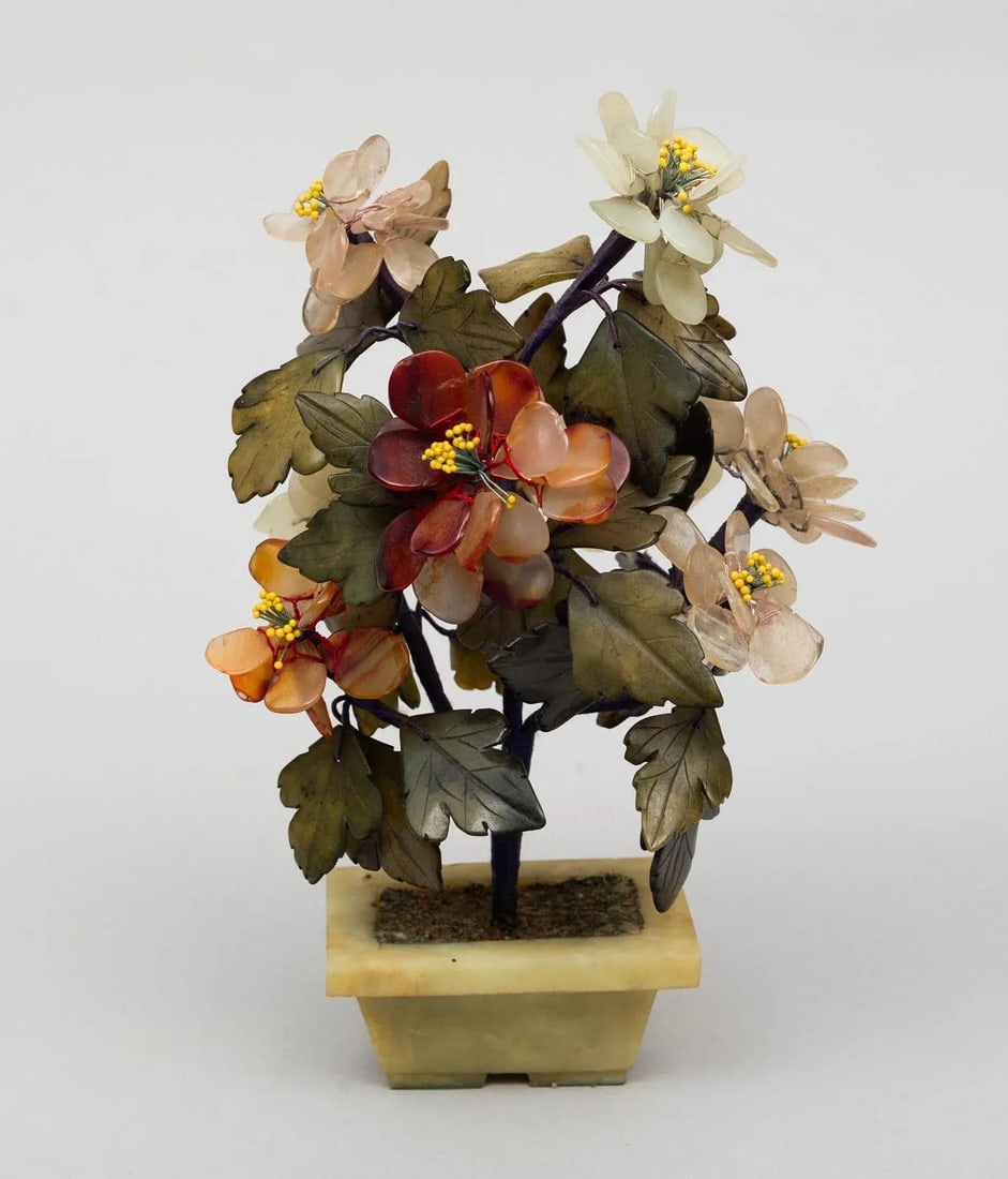 Assembled Chinese Hardstone Flowers - a Pair - 4