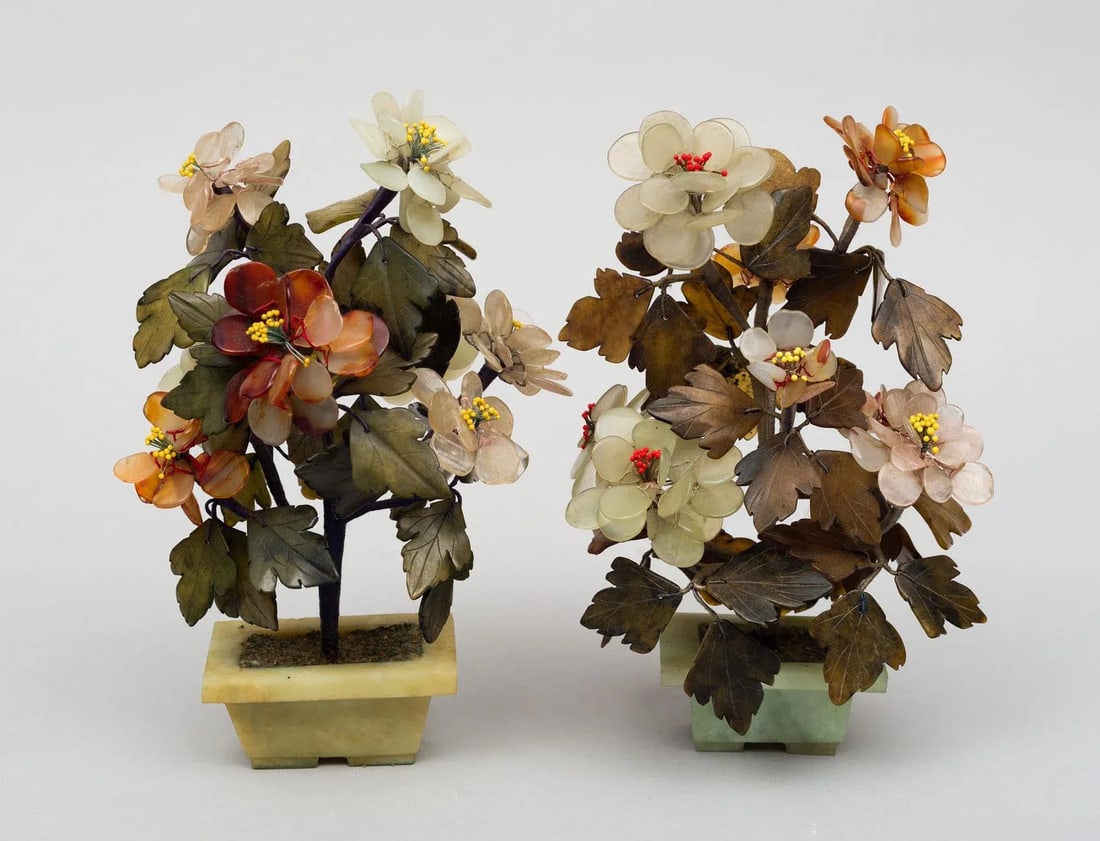 Assembled Chinese Hardstone Flowers - a Pair - 7