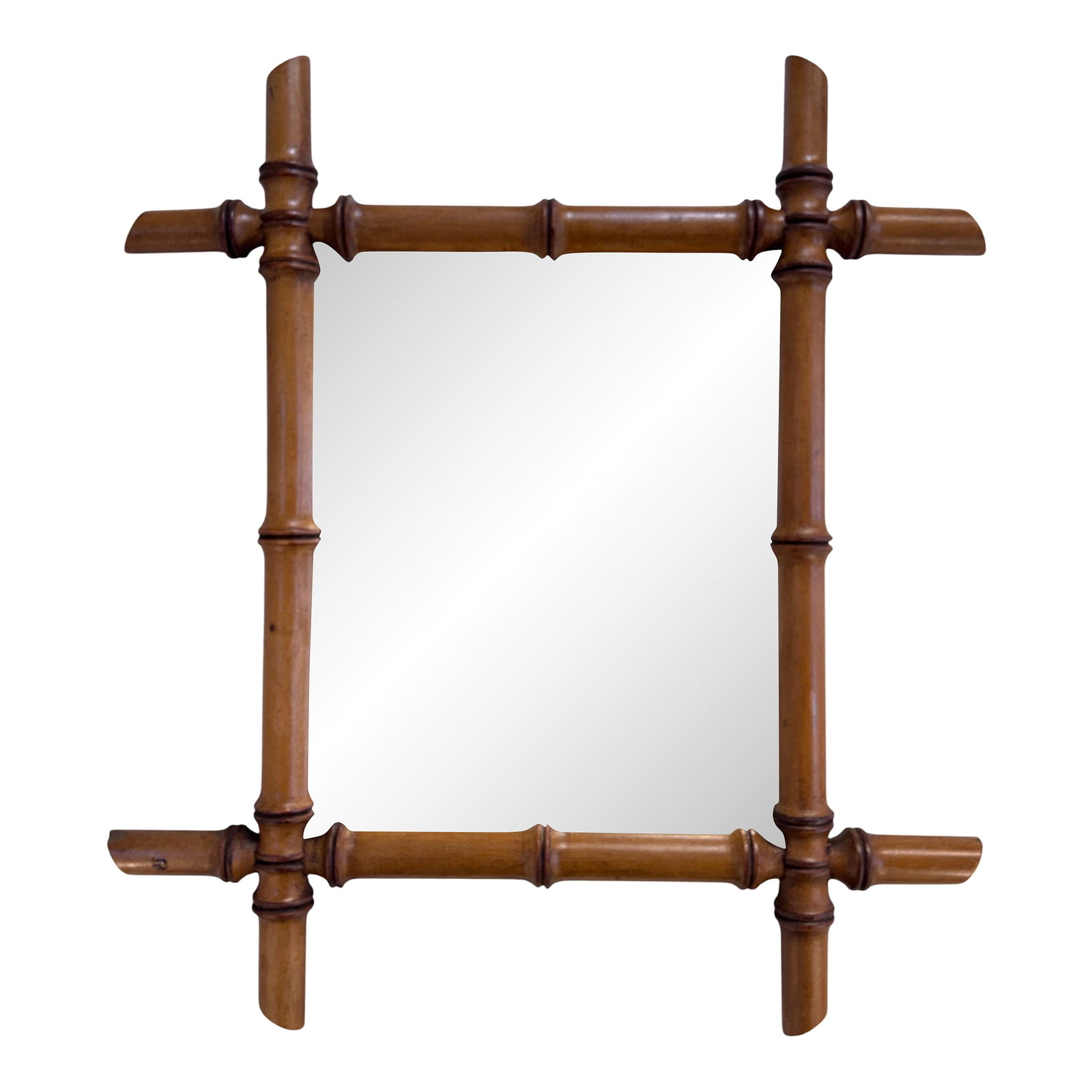 19th Century Bamboo Mirror: This is a French antique faux-bamboo wall mirror with a hand-carved wood frame. The frame is wood that has been shaped and finished to resemble bamboo stalks, often with a warm, aged patina. These