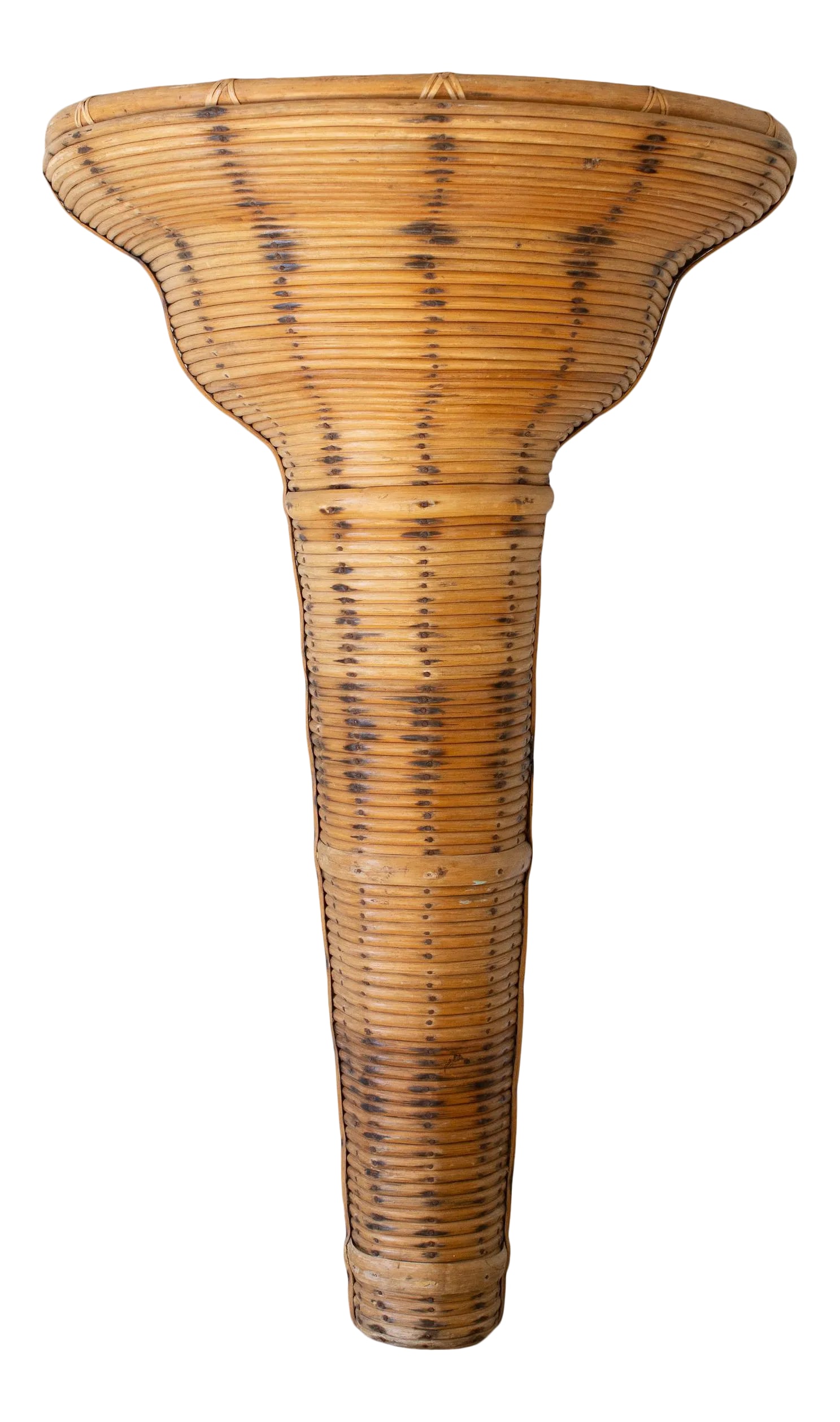 1980s Pencil Reed Wall Vase Sculpture: This listing is for an oversized, wall pocket planter/vase circa 1980s. It is made of pencil reed burnt bamboo. Very cool and unusual statement piece ideal for dried florals and grasses. This is a