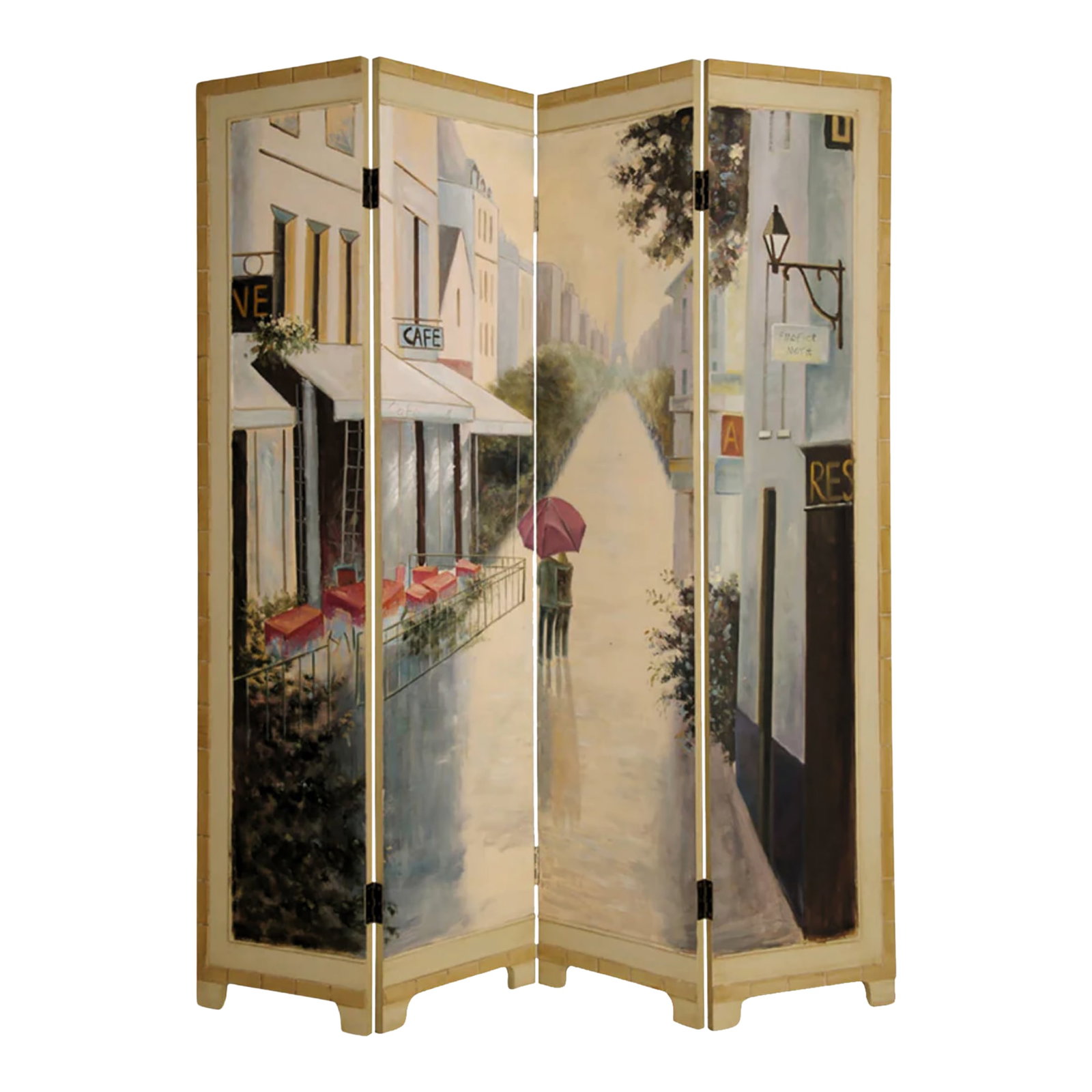 Hand Painted Paris Cafe Folding Screen: This hand-painted four-panel folding screen brings Parisian charm with a romantic cafe street scene. The panels depict a rainy-day stroll past bistro tables and storefronts, with the Eiffel Tower