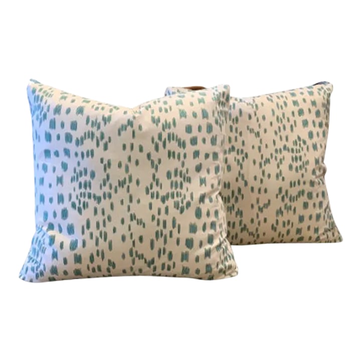 Contemporary Custom "Les Touches" Aqua Throw Pillows- a Pair: A pair of custom 20" Brunschwig & Fils "Les Touches" in Aqua throw pillows. Turkish pleated corners, weltless. Includes 22" down intserts. Condition: Imperfections: No Imperfections Condition Notes: