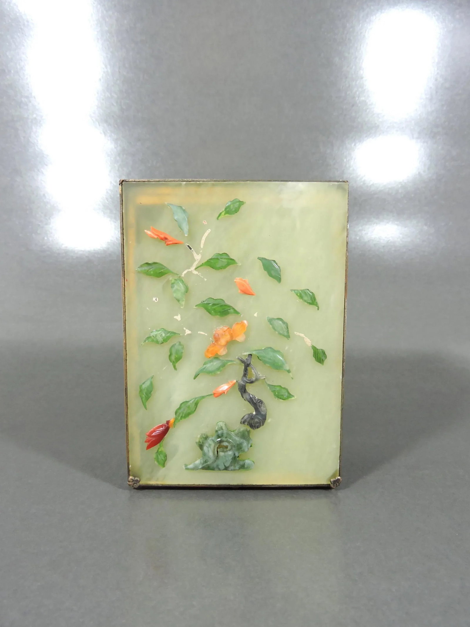 Antique Chinese Pale Green Jade Panel Trinket Box With Cloisonne Enamels - Hinged Gilt Catchall With - 2