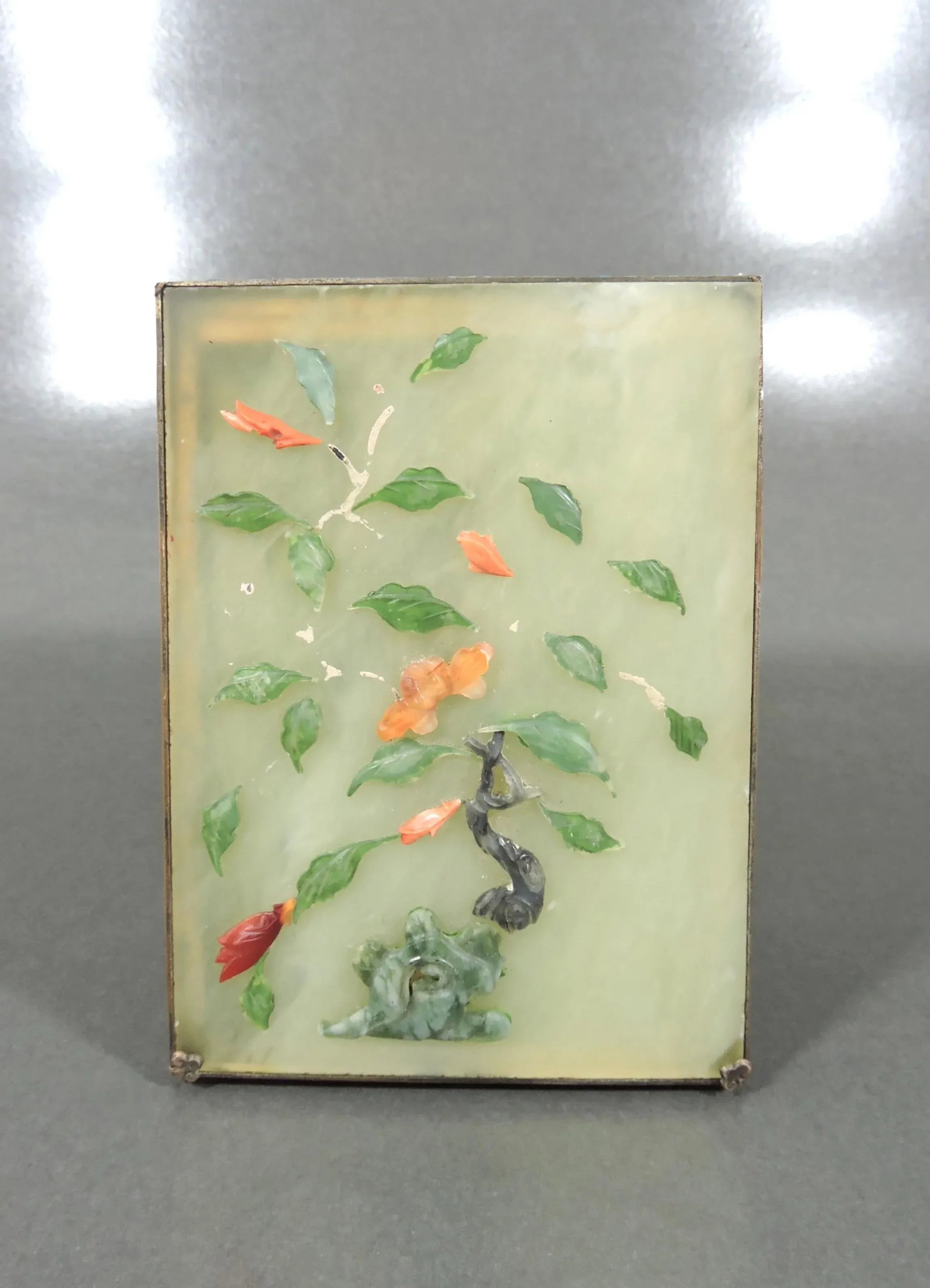 Antique Chinese Pale Green Jade Panel Trinket Box With Cloisonne Enamels - Hinged Gilt Catchall With - 3