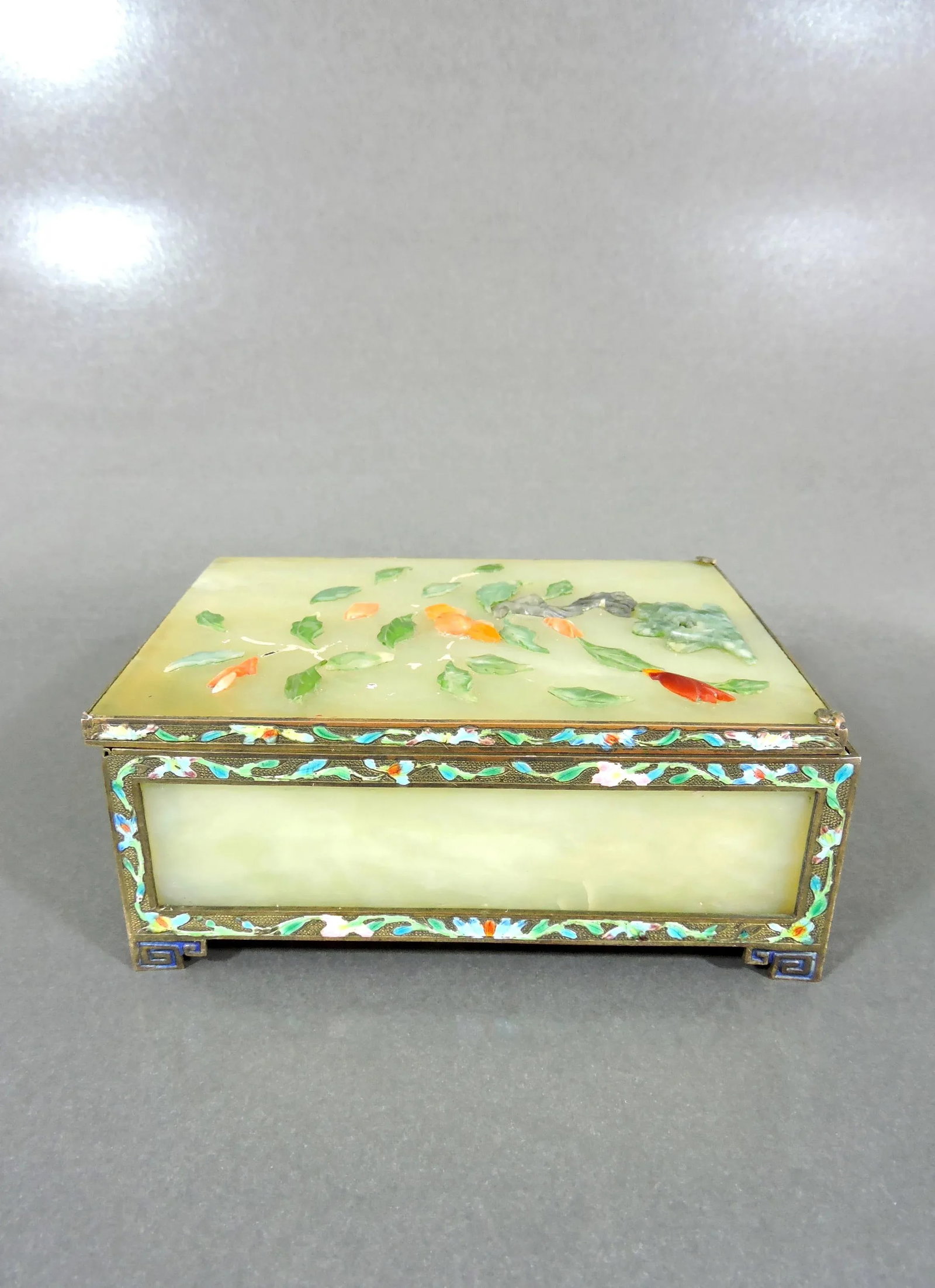 Antique Chinese Pale Green Jade Panel Trinket Box With Cloisonne Enamels - Hinged Gilt Catchall With - 4