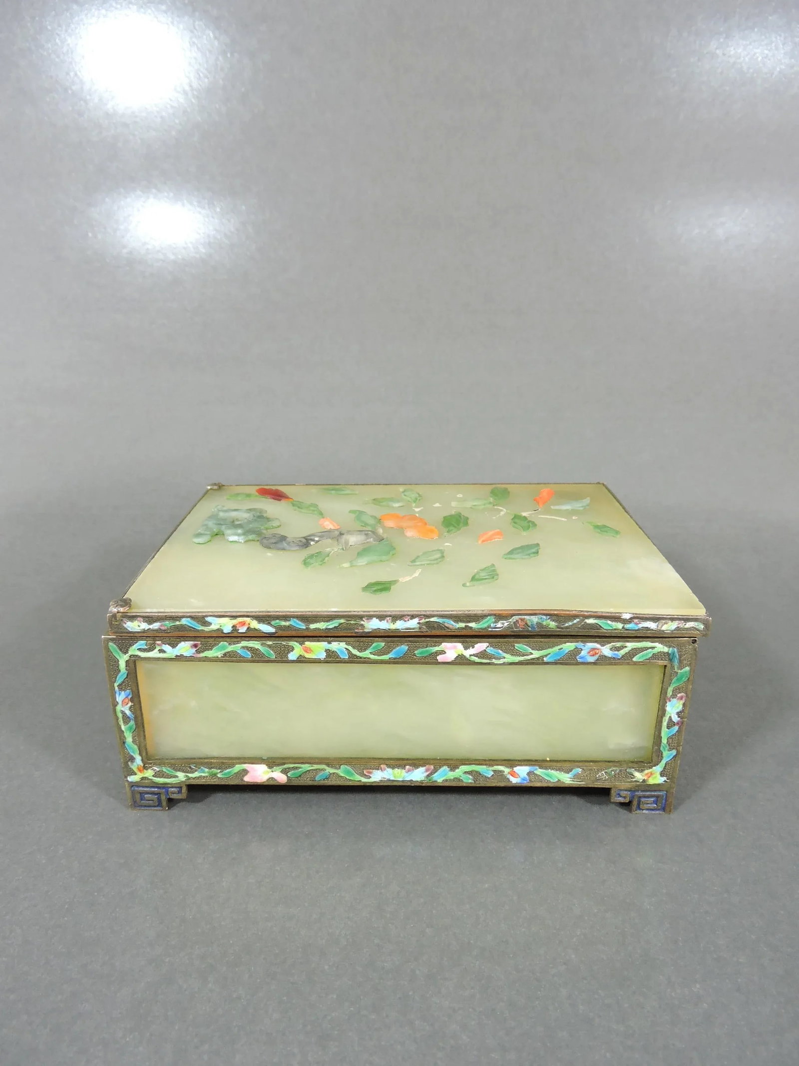 Antique Chinese Pale Green Jade Panel Trinket Box With Cloisonne Enamels - Hinged Gilt Catchall With - 6