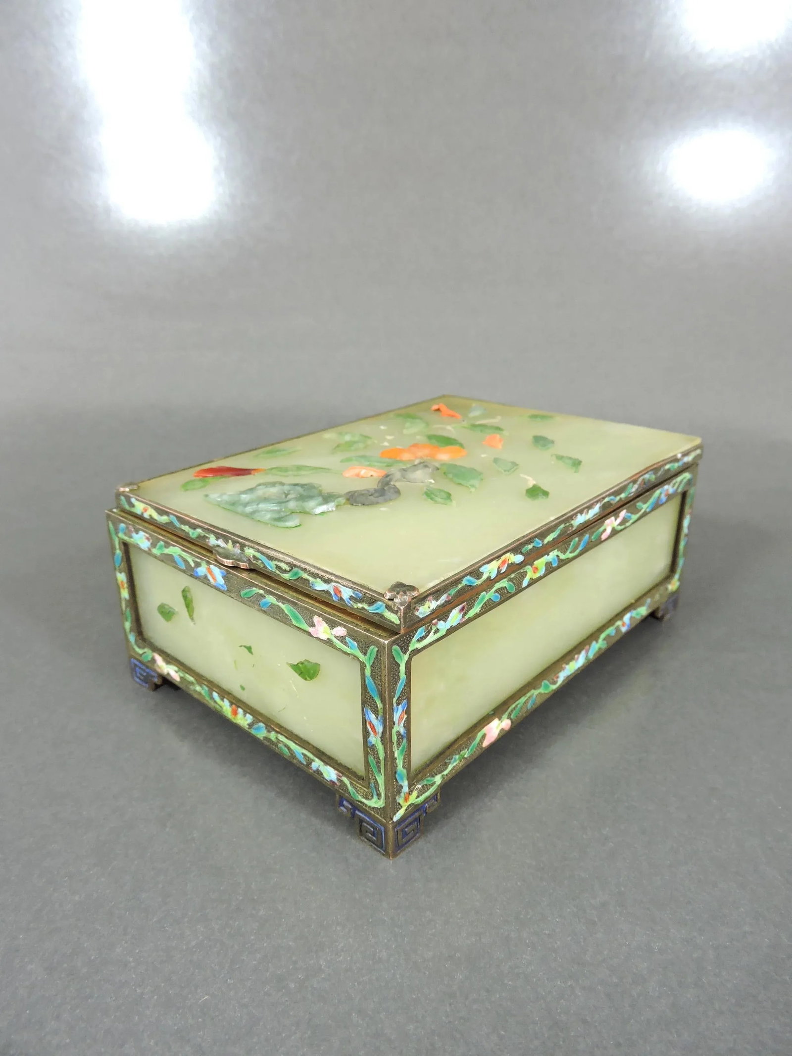 Antique Chinese Pale Green Jade Panel Trinket Box With Cloisonne Enamels - Hinged Gilt Catchall With - 7