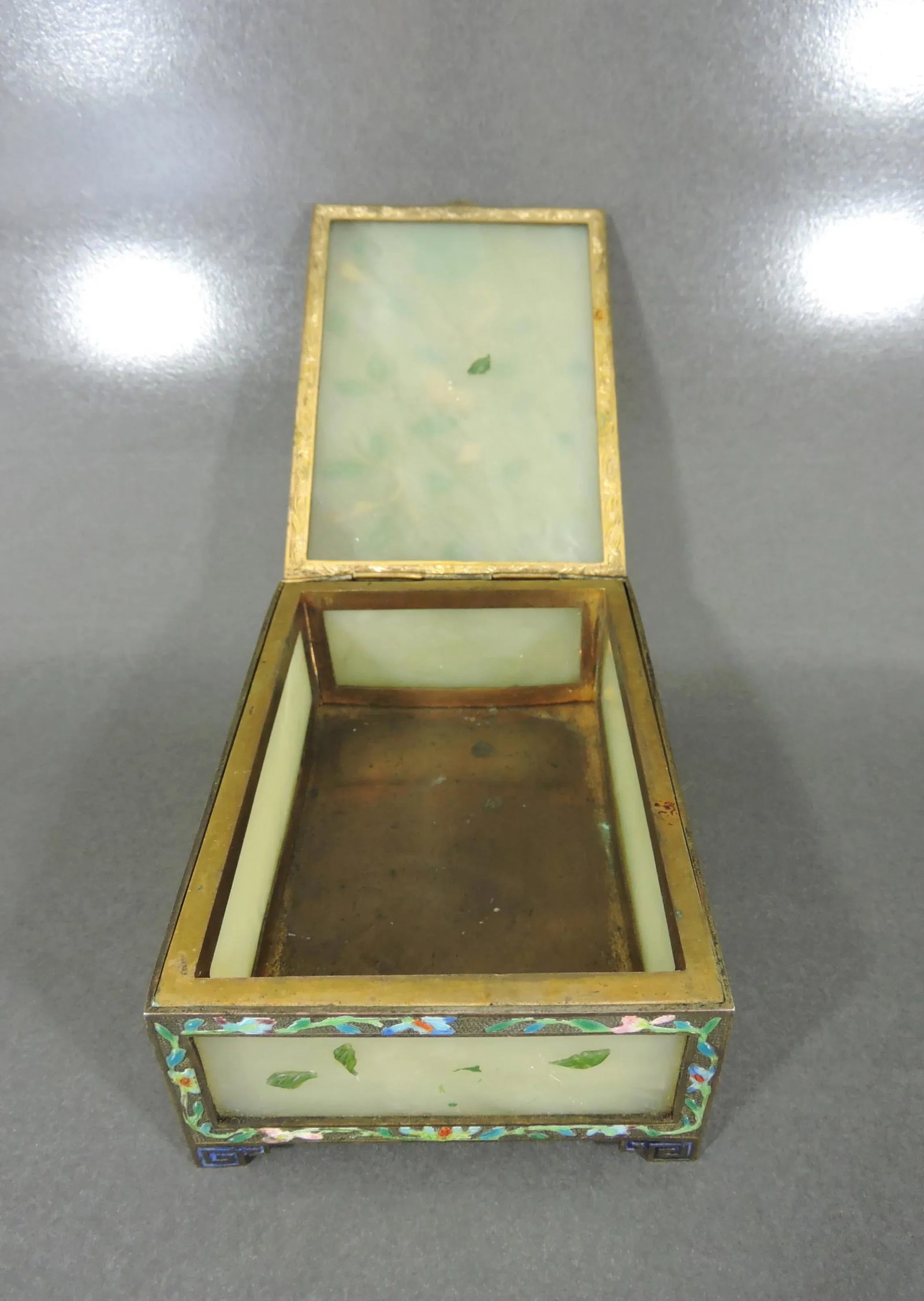 Antique Chinese Pale Green Jade Panel Trinket Box With Cloisonne Enamels - Hinged Gilt Catchall With - 8