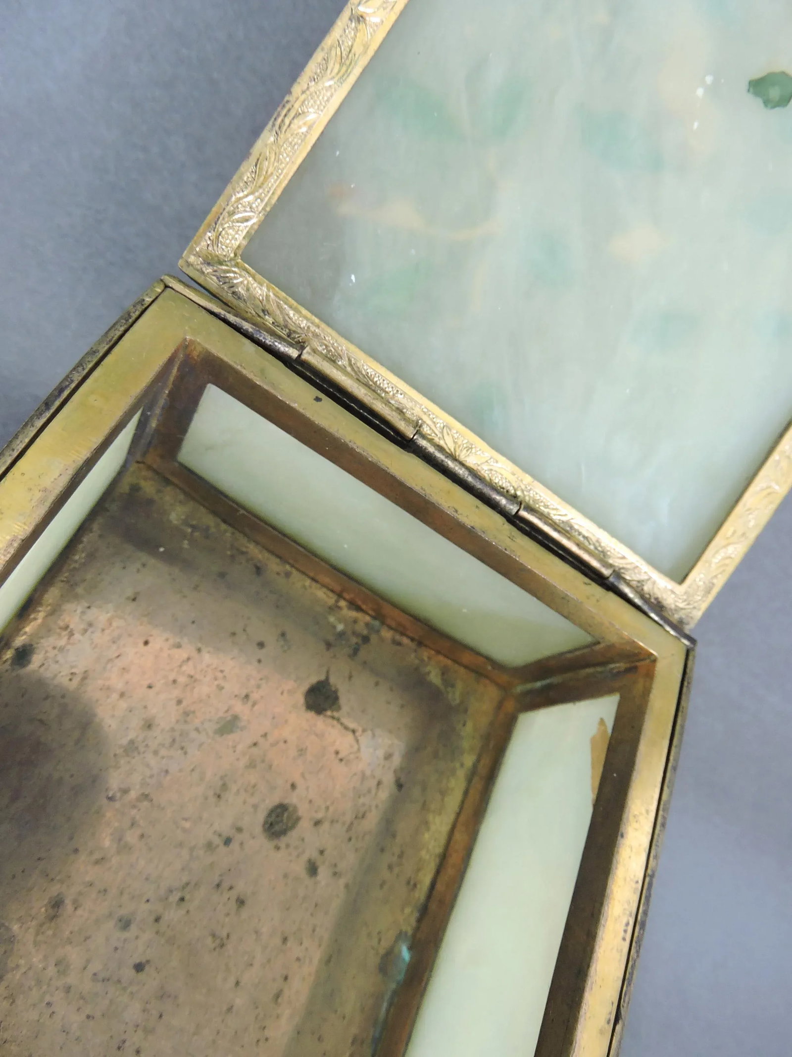 Antique Chinese Pale Green Jade Panel Trinket Box With Cloisonne Enamels - Hinged Gilt Catchall With - 9