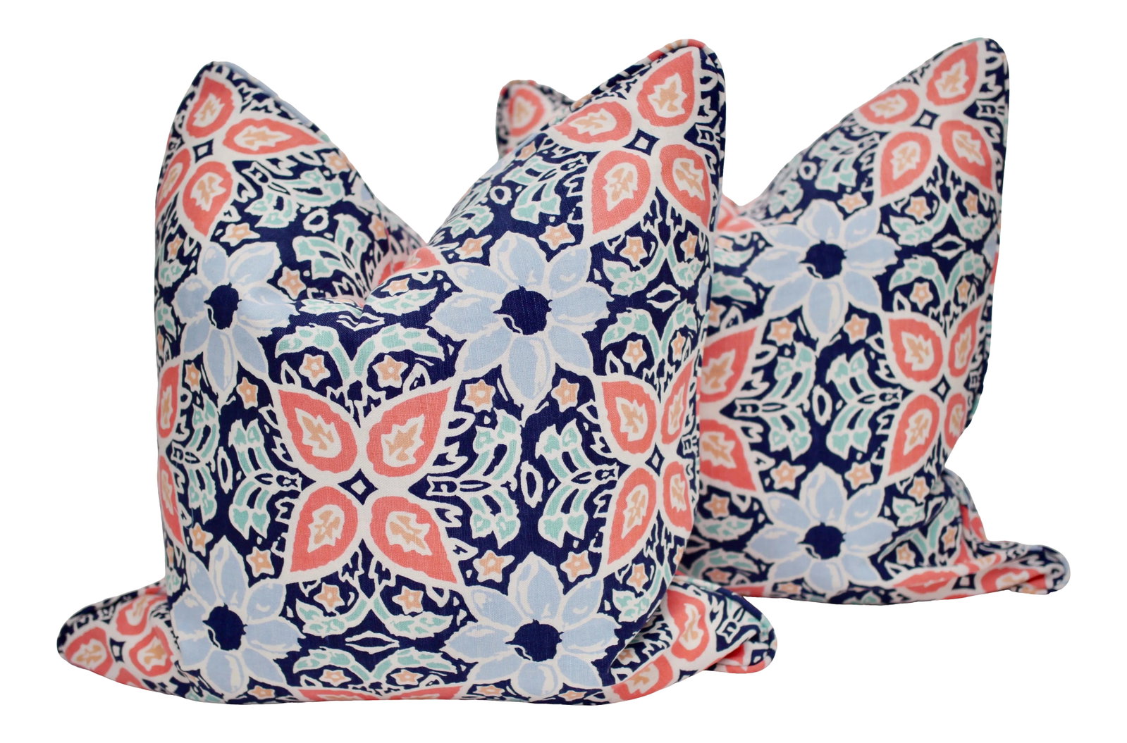 John Robshaw "Amba" 22" Square Hand Printed Linen Pillows - a Pair: Beautifully handmade pair of John Robshaw "Amba" double sided 22" square hand printed linen pillows in colorway "Lotus." Features a self welt, down/feather insert and an invisible zipper closure. As w