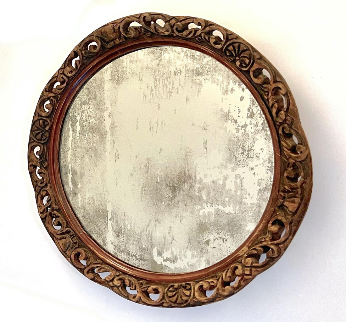 Antique Early 20th Century Hand-Carved Wood Mirror - 12