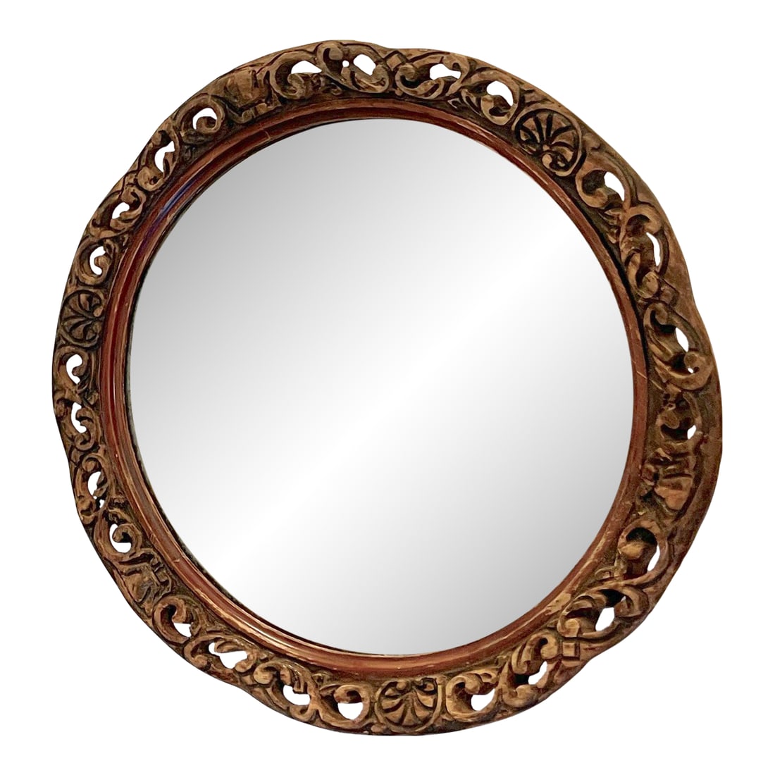 Antique Early 20th Century Hand-Carved Wood Mirror: Charming antique mirror. Circular, solid wood, hand-carved with beautiful detail -- simple yet intricate with a naturally distressed. Will bring warmth to most any room -- living area, foyer, hall,