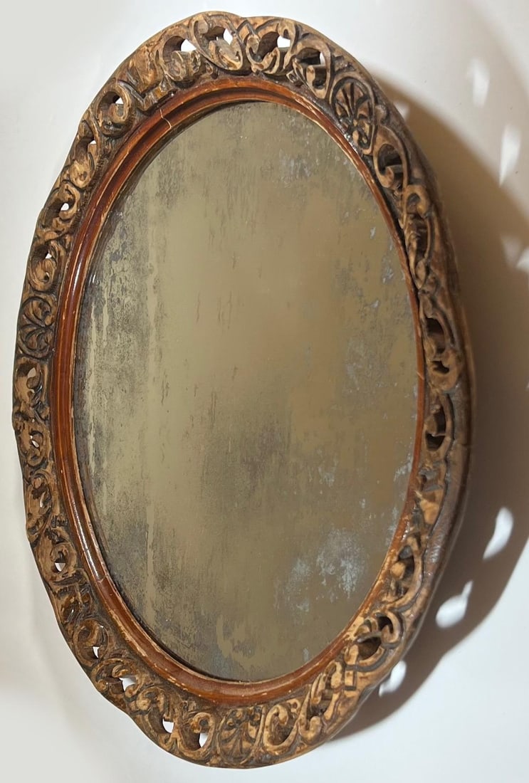 Antique Early 20th Century Hand-Carved Wood Mirror - 9