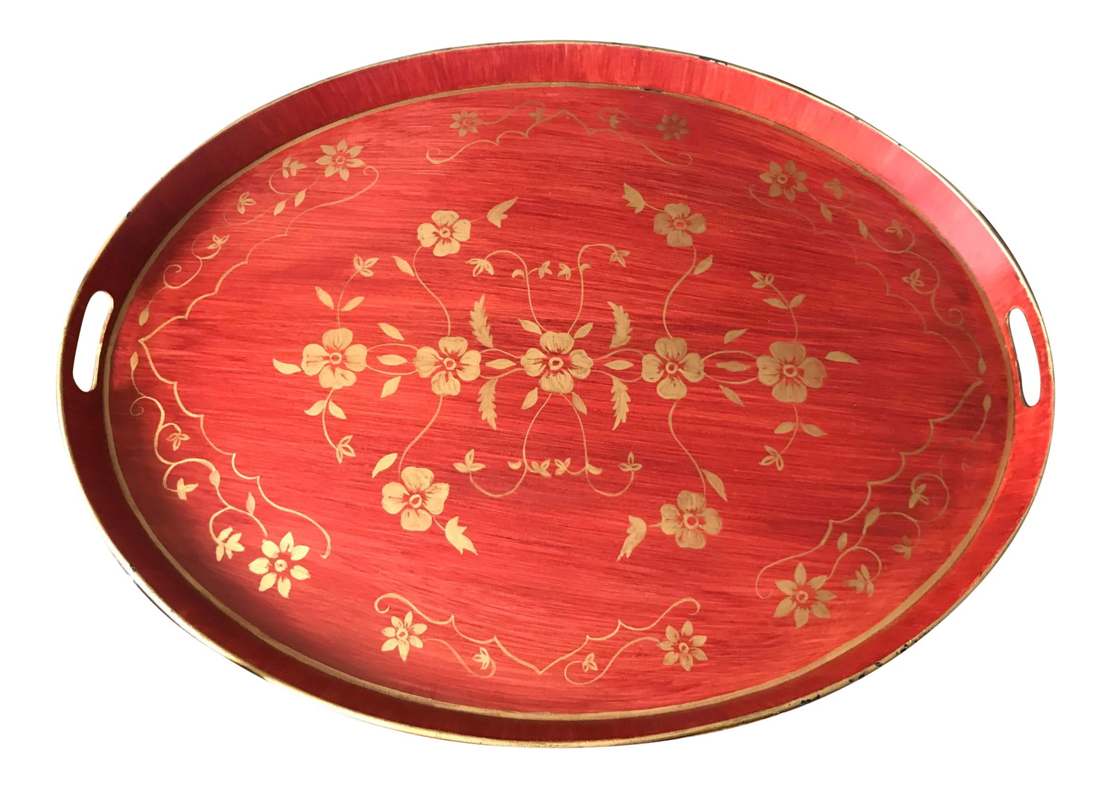 Red Painted Strie Finish Tole Coffee Table Tray, Gold Accents: I love this Strie painted, chinese red tole coffee table tray. The strie is straight out of the 80s. This would look great in a room that needs a splash of color. The chinese red with gold is an