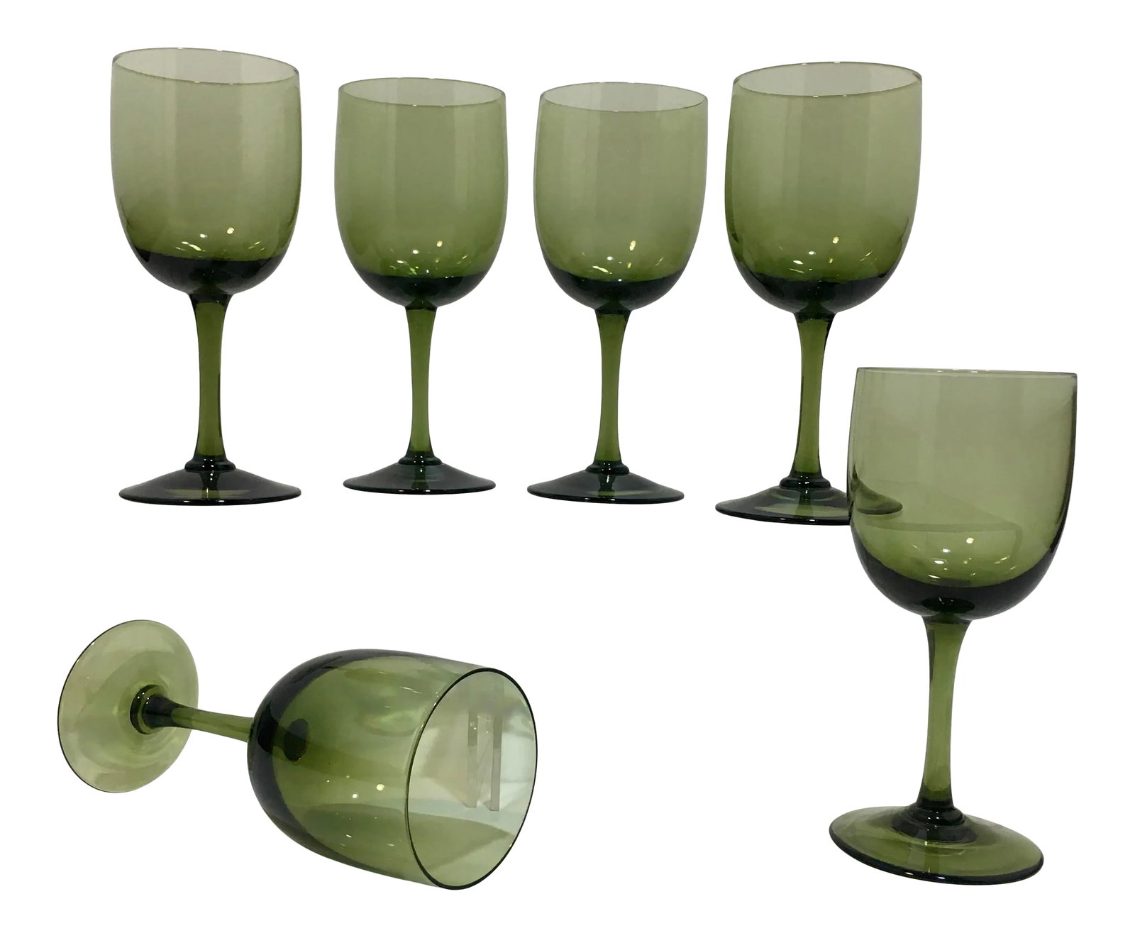 Bottle Green Hand Blown Cordial Glasses - Set of 6: This set of six bottle green colored cordials glasses are hand blown and most likely date to the 1970s. Dimensions: 2.25" x 2.25" x 5.25" GrpD 7.3 Condition: Alterations: Original Condition Unaltered