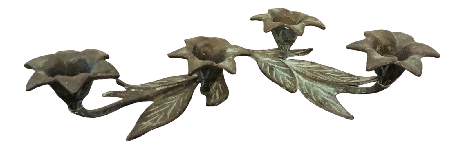 Antique Verdigris Bronze Flower Candle Holders - a Pair: Bring the outdoors in with these sculptural bronze beauties. The bronze has soften into a beautiful verdigris patina give a subtle green hue to the leaves. Condition: Alterations: Original Condition U