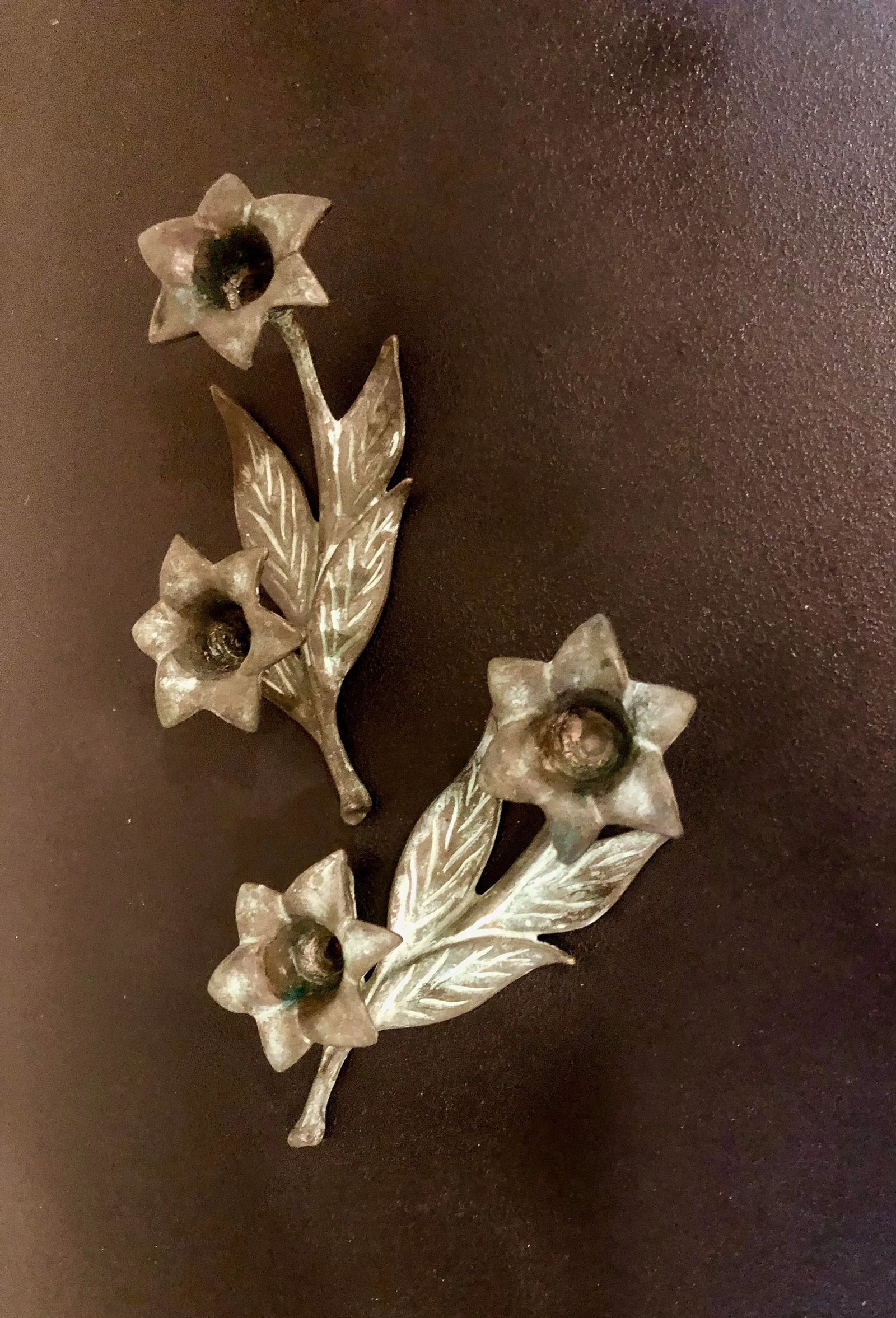 Antique Verdigris Bronze Flower Candle Holders - a Pair - 2