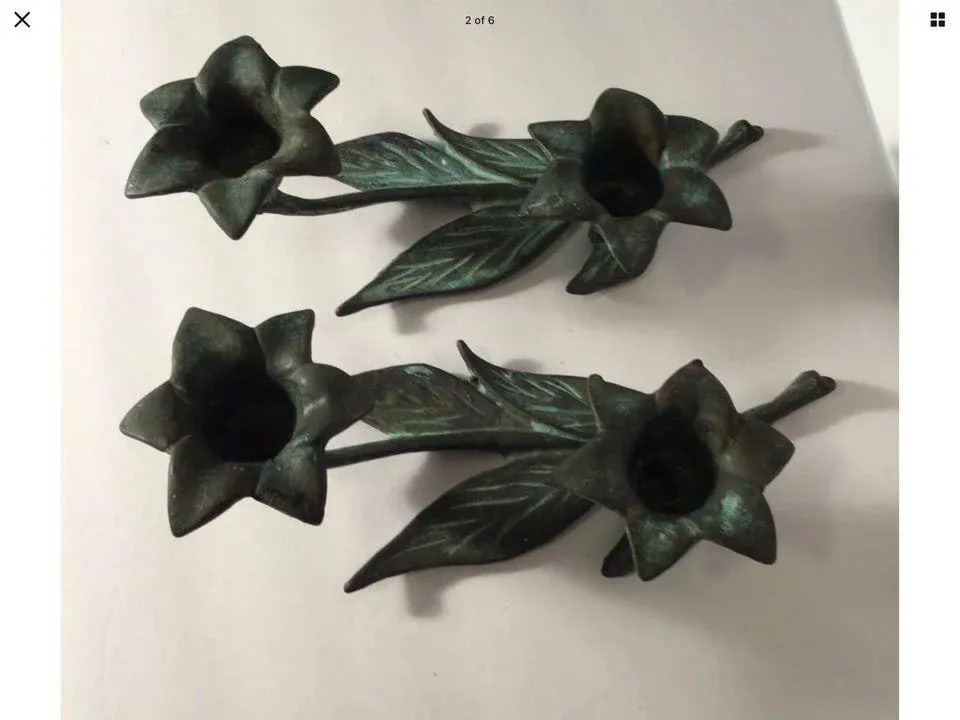Antique Verdigris Bronze Flower Candle Holders - a Pair - 3
