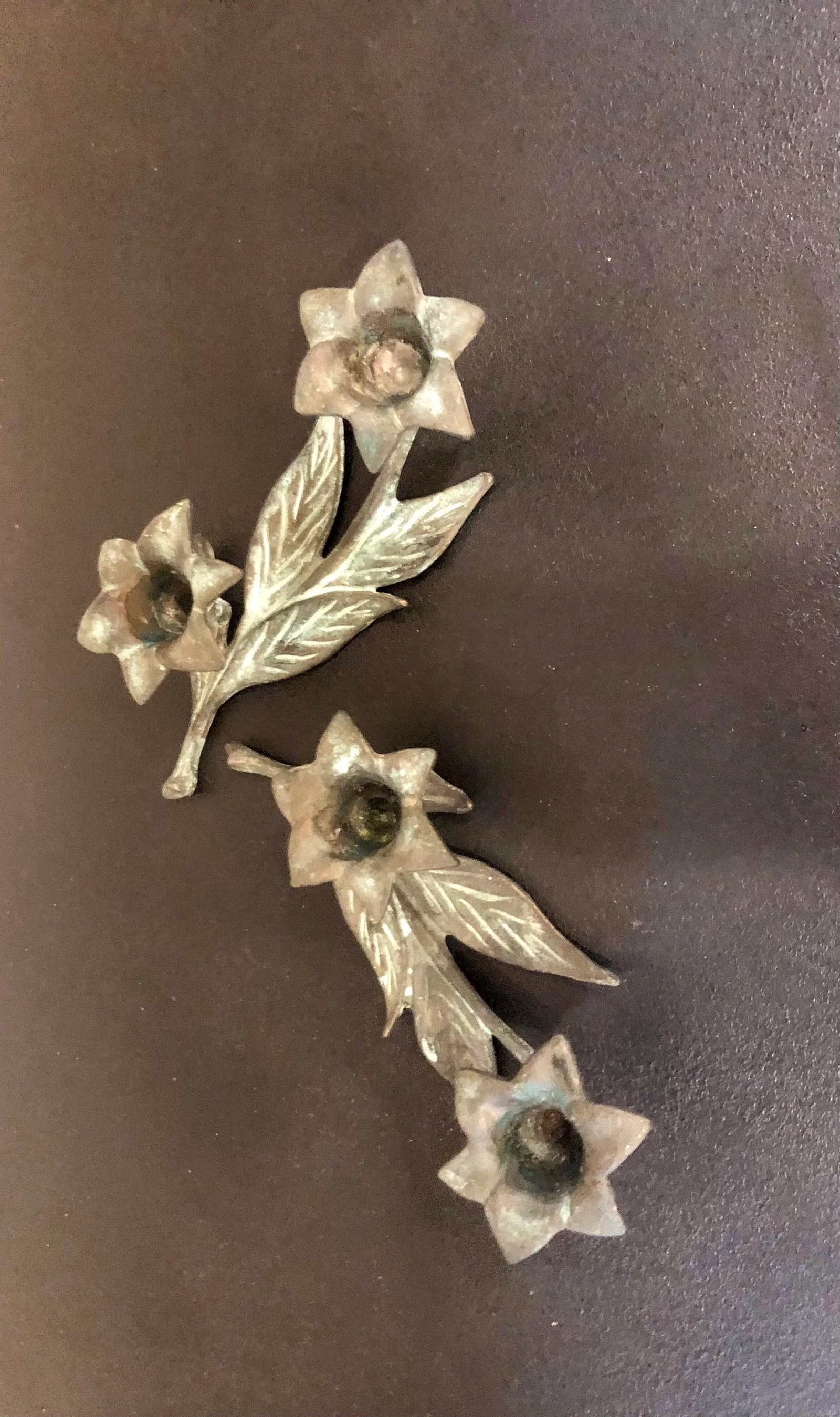 Antique Verdigris Bronze Flower Candle Holders - a Pair - 4