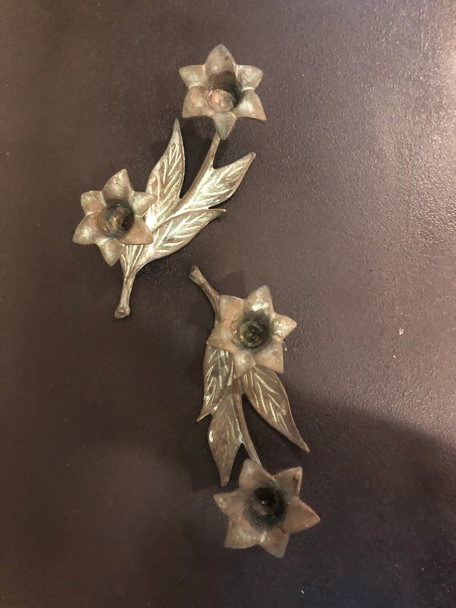 Antique Verdigris Bronze Flower Candle Holders - a Pair - 5