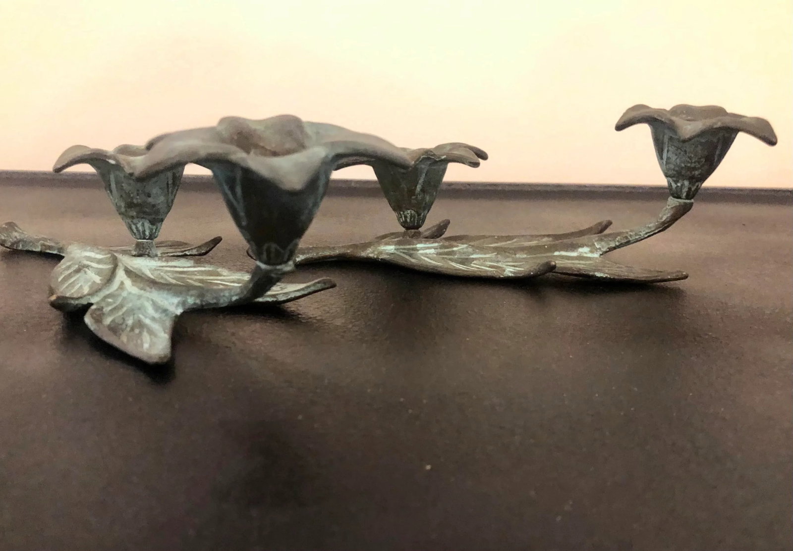 Antique Verdigris Bronze Flower Candle Holders - a Pair - 6