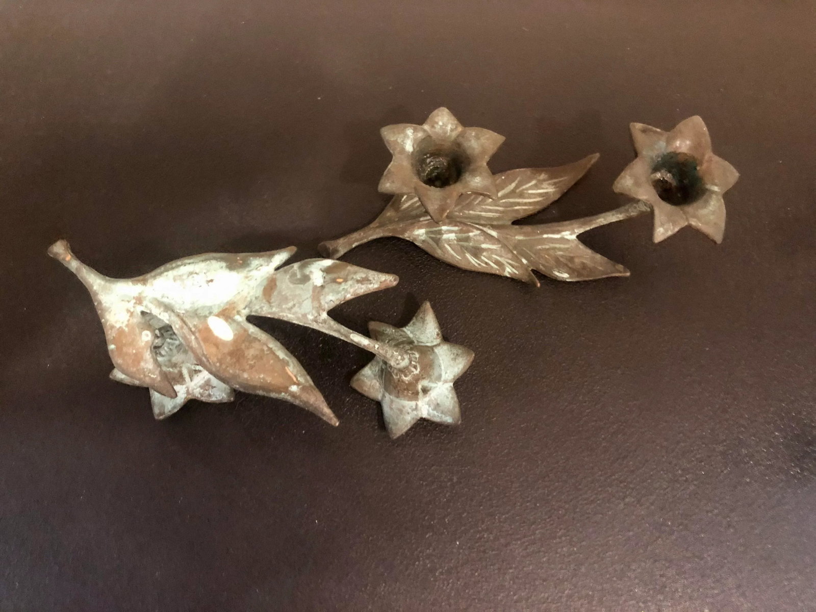 Antique Verdigris Bronze Flower Candle Holders - a Pair - 7