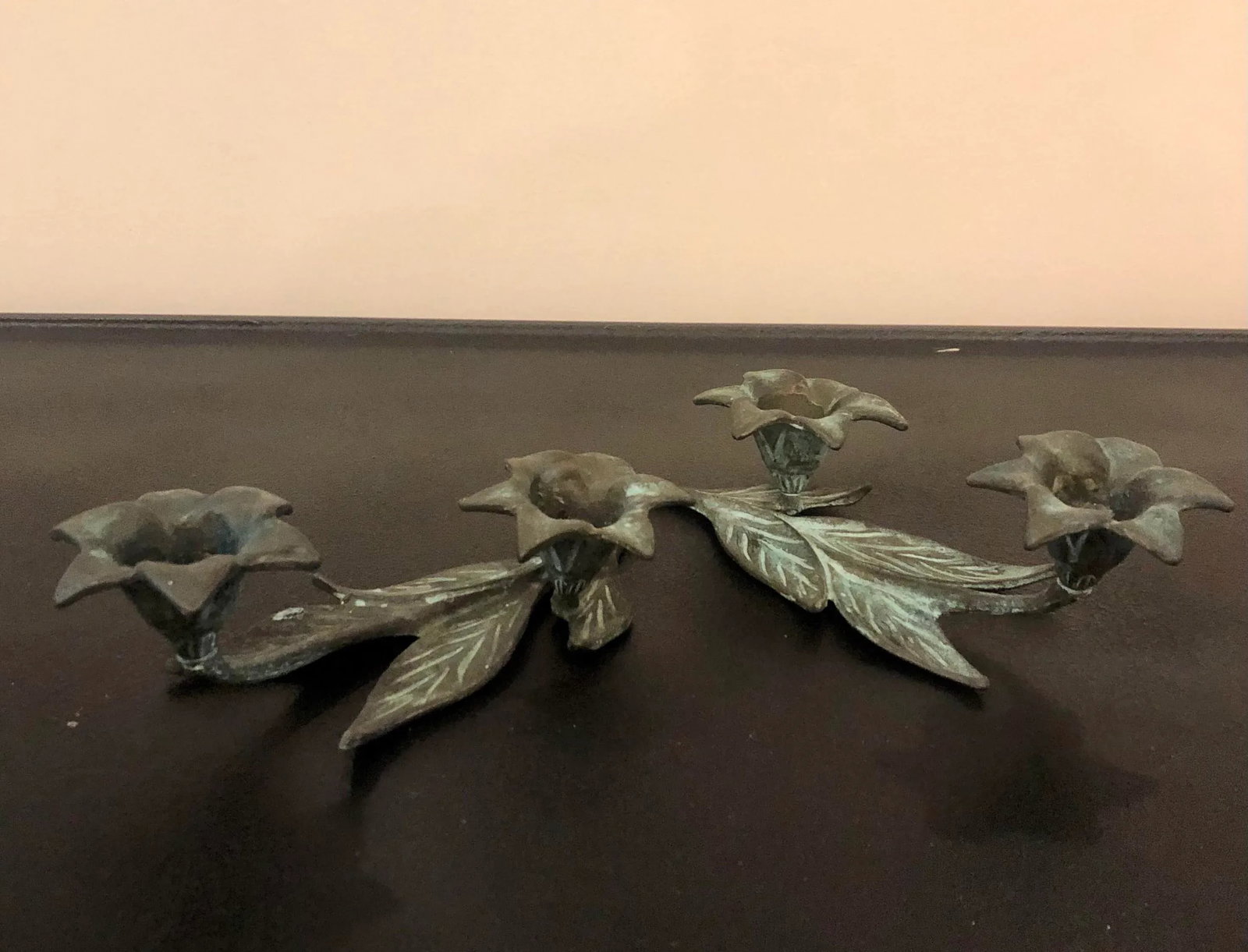 Antique Verdigris Bronze Flower Candle Holders - a Pair - 8