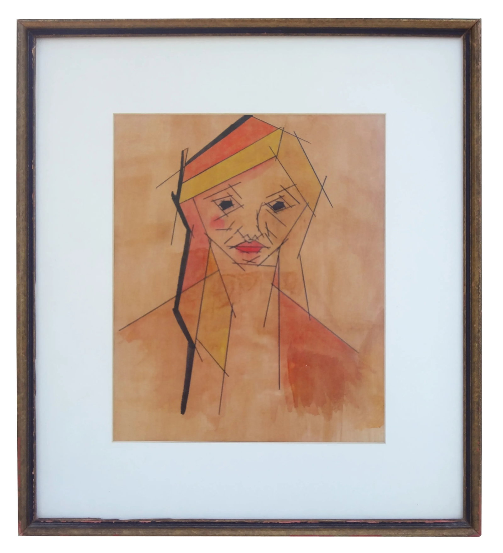 Framed Cubist Portrait: Original piece in Cubist style, appears to be a pen and ink with bold, straight lines combined with a wash in warm tones. Signed Carolyn Robinson; likely student work. Wood frame has some light flakin