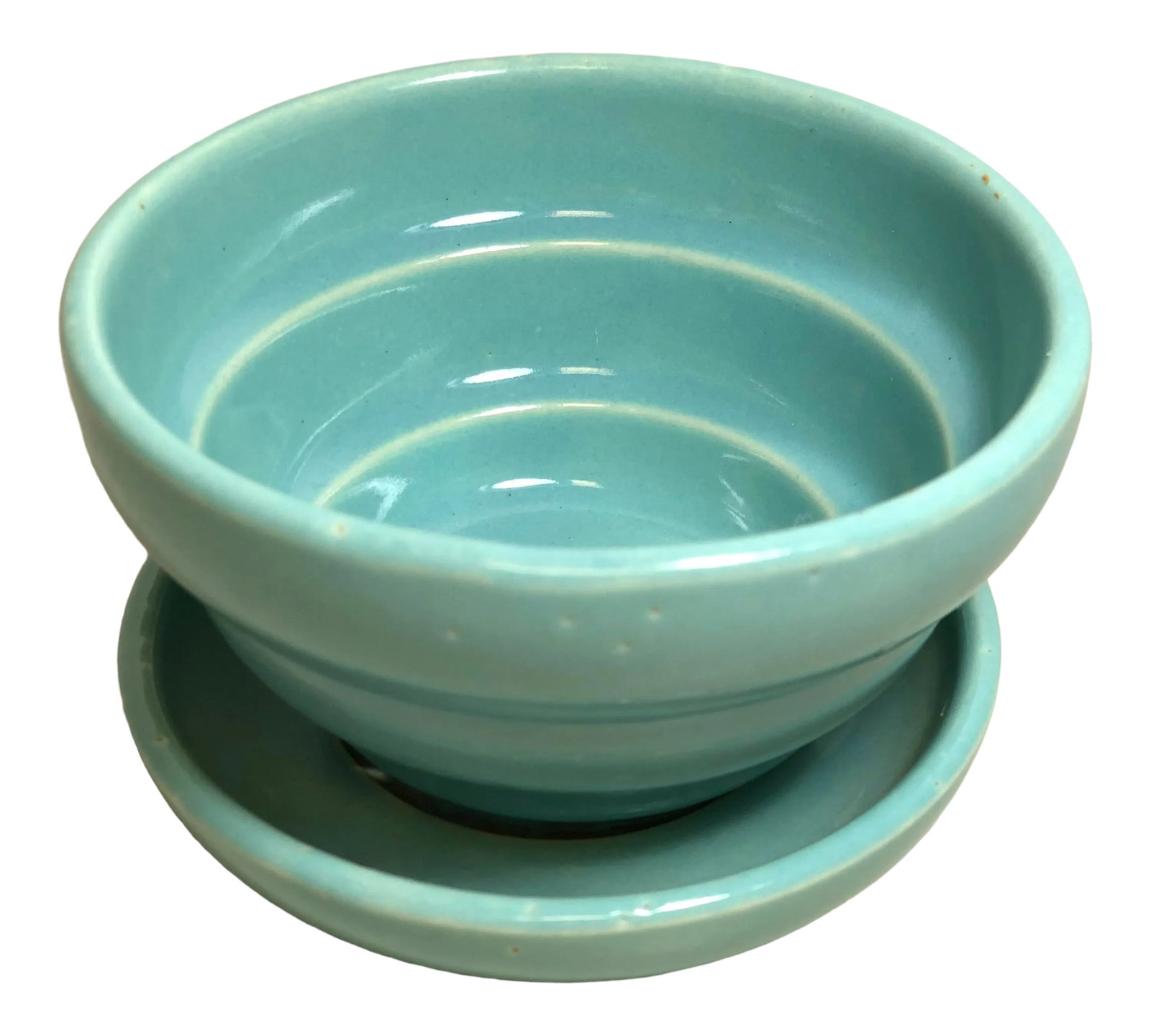 McCoy Pottery 1940s - 1960s Small "Teal Blue" Mid-Century Flowerpot and Saucer: McCoy Pottery 1940s - 1960s "Teal" Mid Century Flowerpot And Attached Saucer Violet Flower Design, Small, Teal Blue glaze 2.5H x 4"Diam Other colors and sizes available. Condition: Alterations: