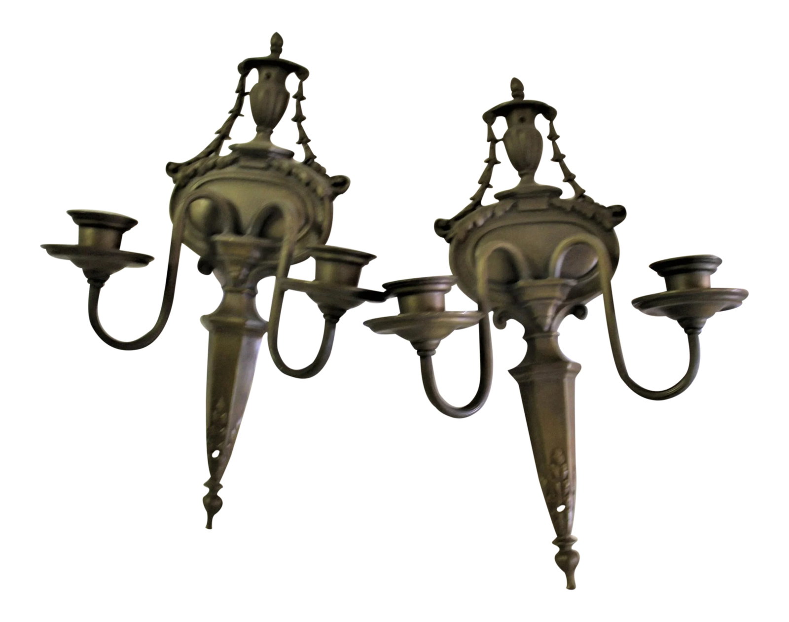 1940,s American Design Sconces with Bronze Castings - Pair: Traditional looking sconces. Two arms. Solid brass castings and brass tubing. American or English design. 15" in length and 10" wide. See the photos not wired . Condition: Imperfections: Some Imperfec