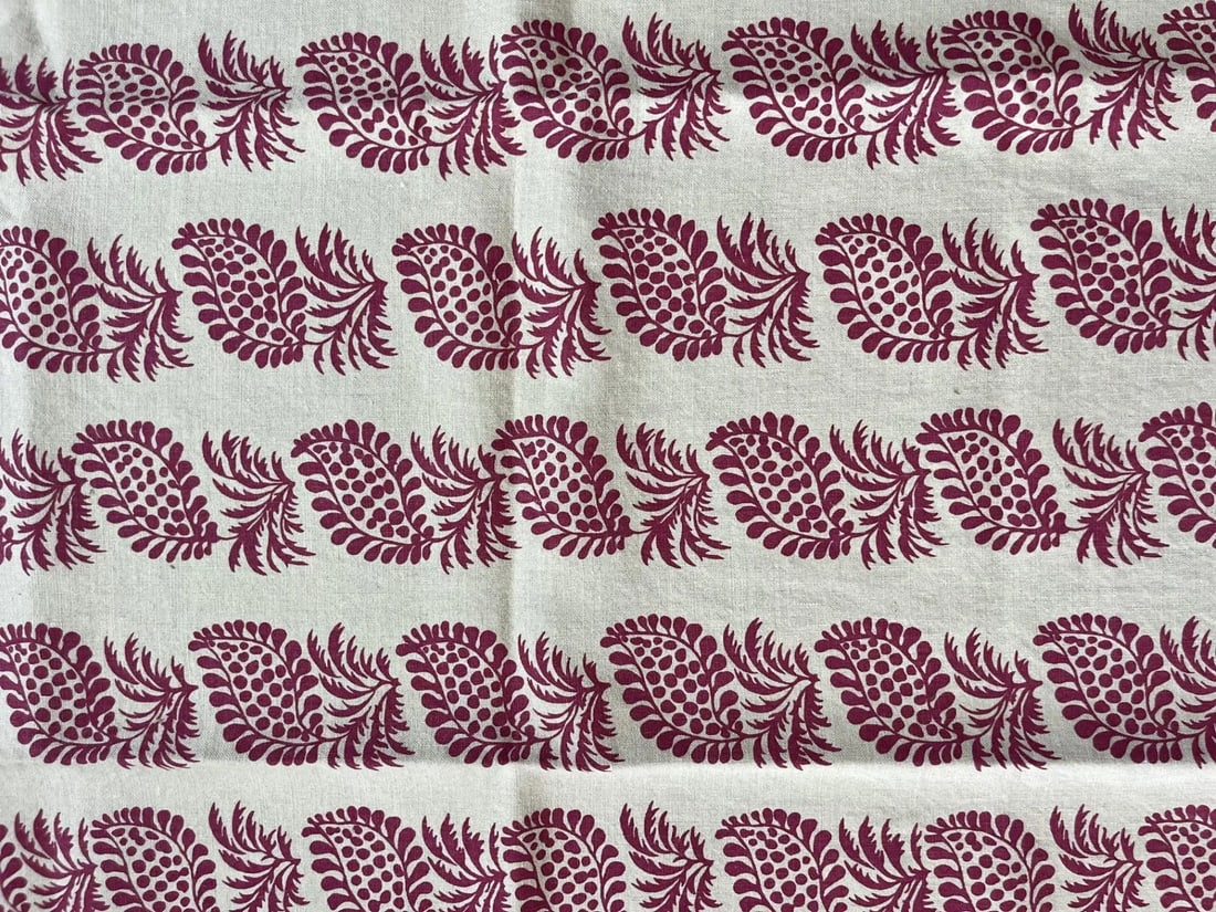 Raoul Textile "Sadie" in Berry, Hand Printed on Natural Belgian Linen. 3-1/2 Yards New and Knit Back: 3-1/2 yards from Raoul Textiles, hand printed to order "Sadie" in Berry on natural Belgian linen ground. Design is vertical. This is new fabric that I had knit backed for stability. We had a bit extra