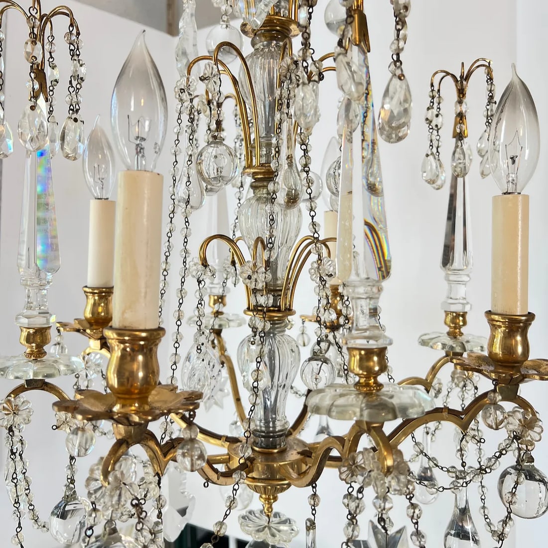Vintage 8 Arm 4 Light Crystal and Brass Chandelier - 10