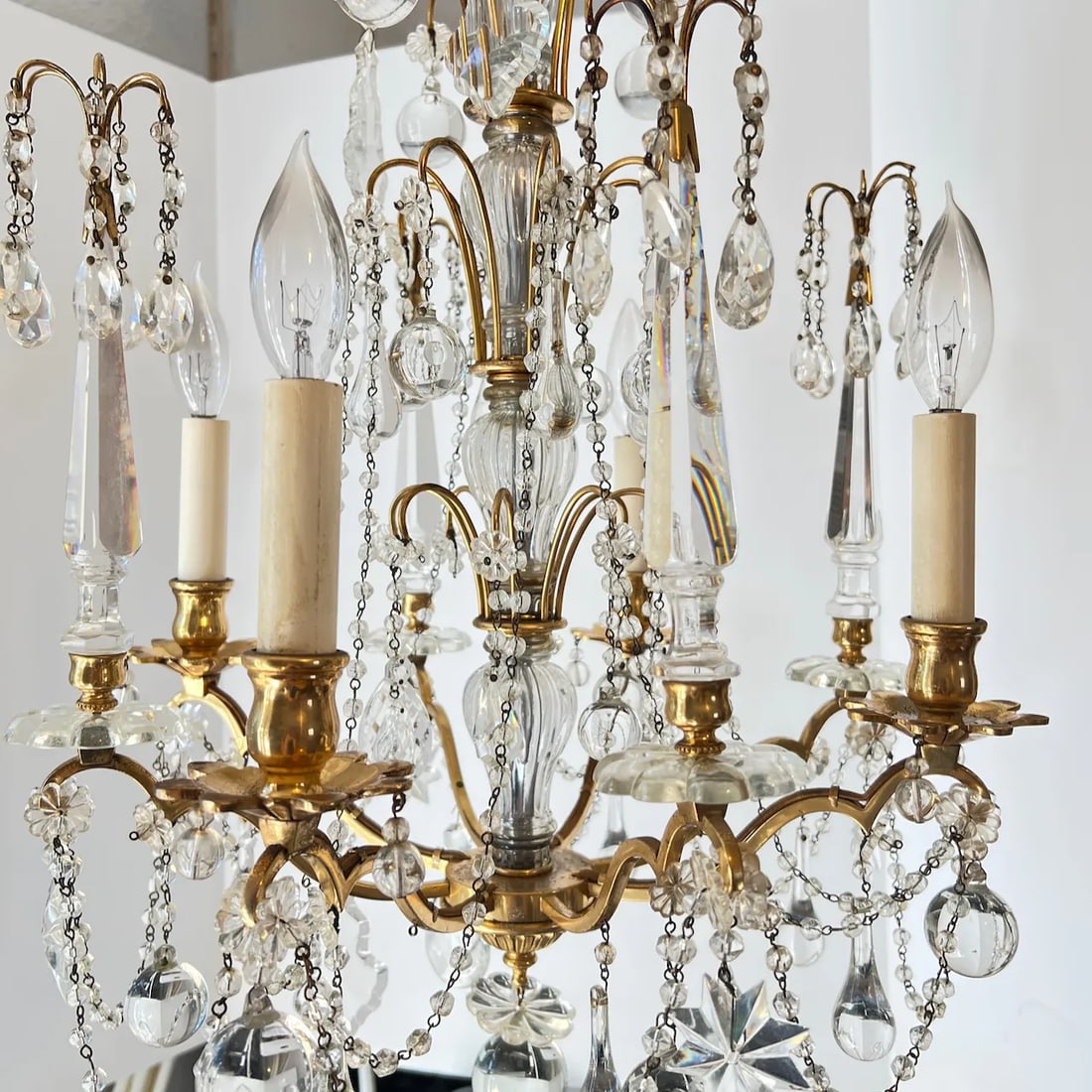 Vintage 8 Arm 4 Light Crystal and Brass Chandelier - 6