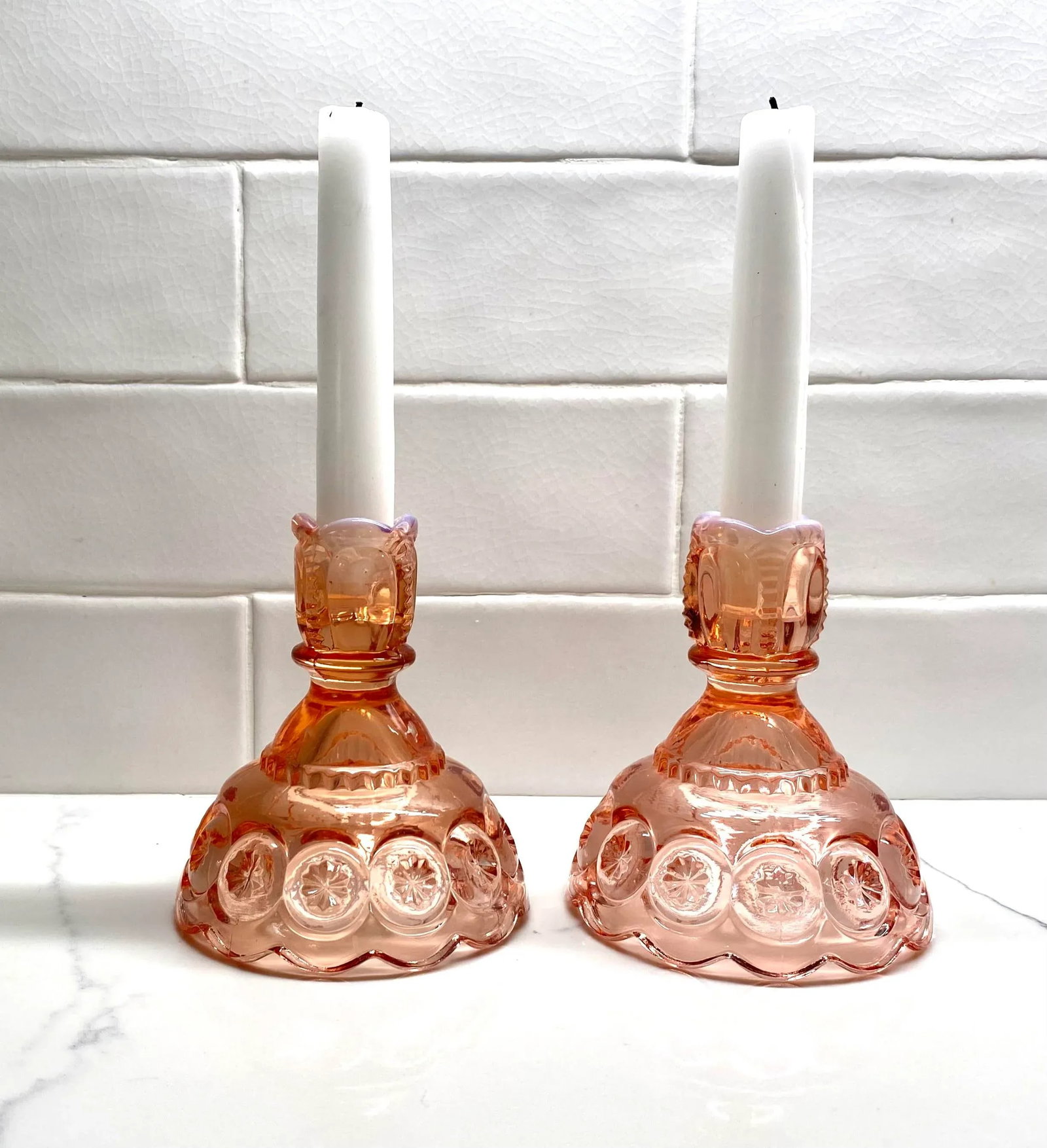 Mid 20th Century Pink Depression Glass Candlesticks - Set of 2 - 2