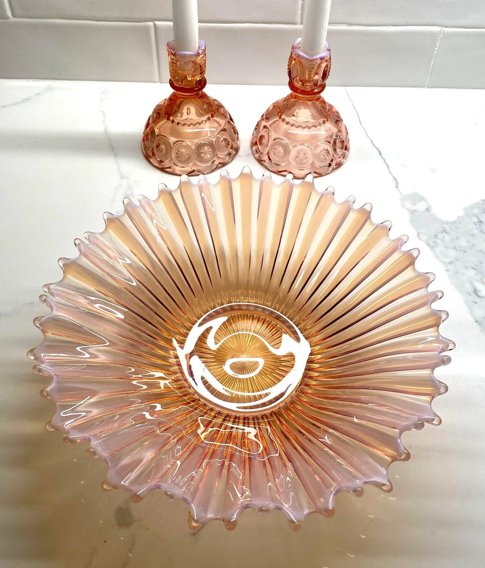 Mid 20th Century Pink Depression Glass Candlesticks - Set of 2 - 5