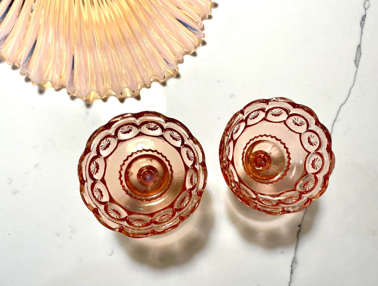 Mid 20th Century Pink Depression Glass Candlesticks - Set of 2 - 6