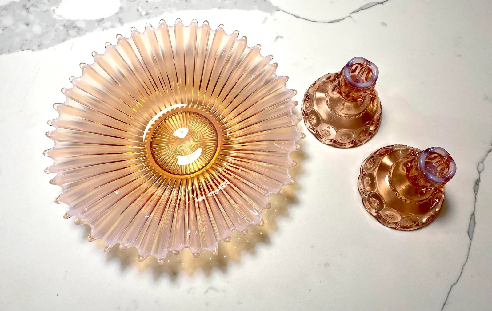 Mid 20th Century Pink Depression Glass Candlesticks - Set of 2 - 7