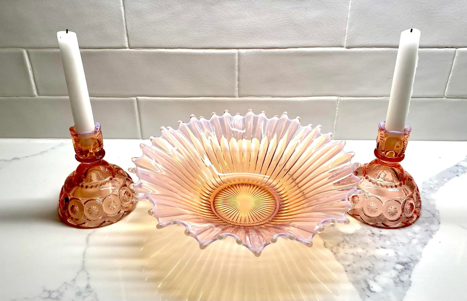 Mid 20th Century Pink Depression Glass Candlesticks - Set of 2 - 8