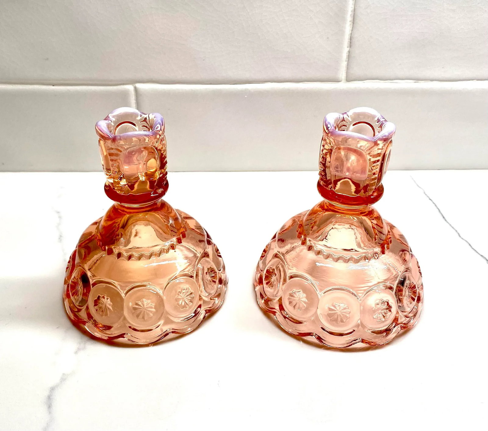 Mid 20th Century Pink Depression Glass Candlesticks - Set of 2 - 9