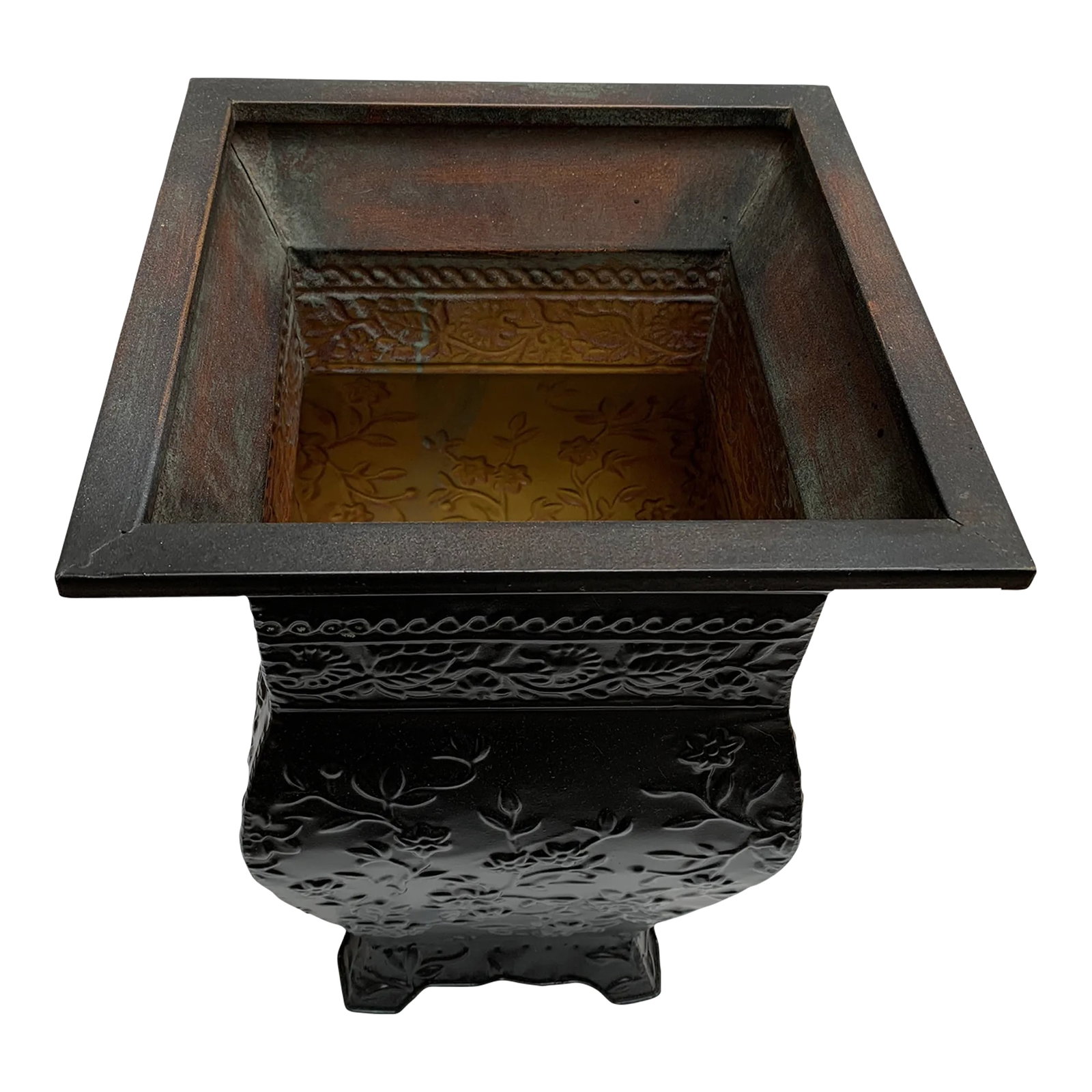 Vintage Textured Metal Umbrella Holder or Plant Vessel: Vintage black metal vessel with textured floral pattern design. Excellent for tools by the fireplace or as a decor accent with or without plants. Condition: Alterations: Original Condition Unaltered