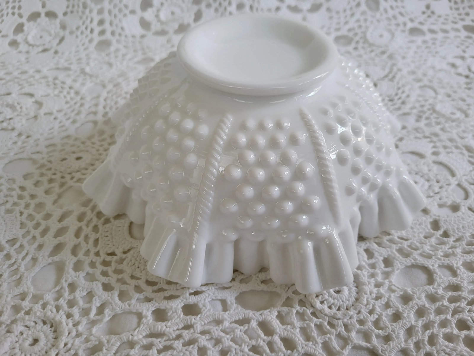 1960s Fenton Hobnail Milk Glass Ruffled Bowl - 2