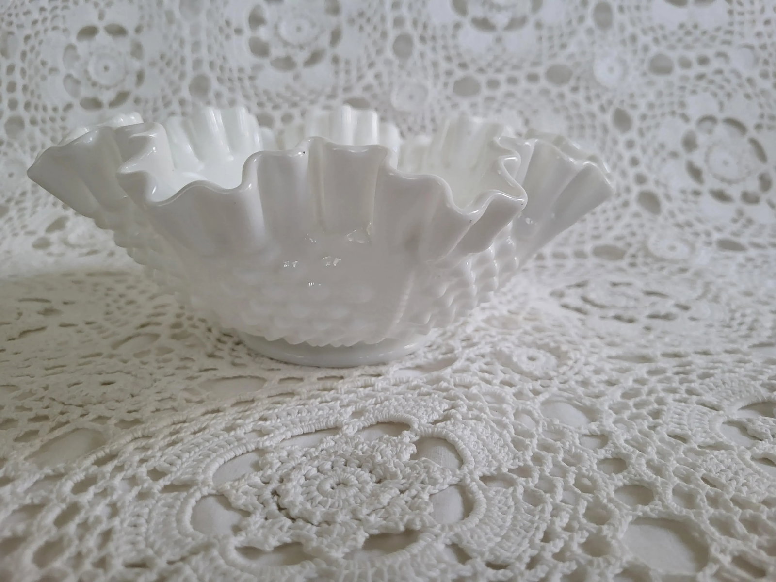 1960s Fenton Hobnail Milk Glass Ruffled Bowl - 6