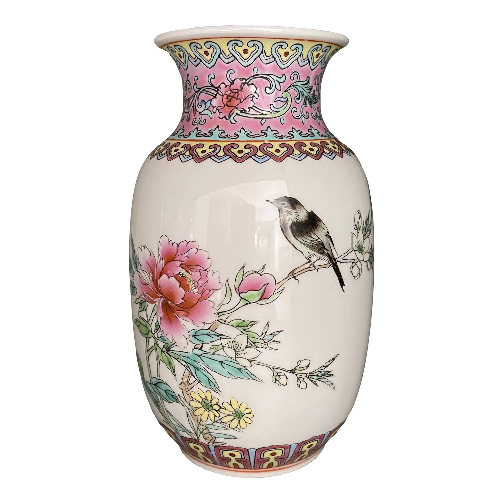 Mid 20th Century Chinese Vase With Flower and Bird: Lovely smaller vase with great proportions depicting a rose and bird. Condition: Alterations: Original Condition Unaltered Imperfections: Some Imperfections Condition Notes: Excellent condition. Origi