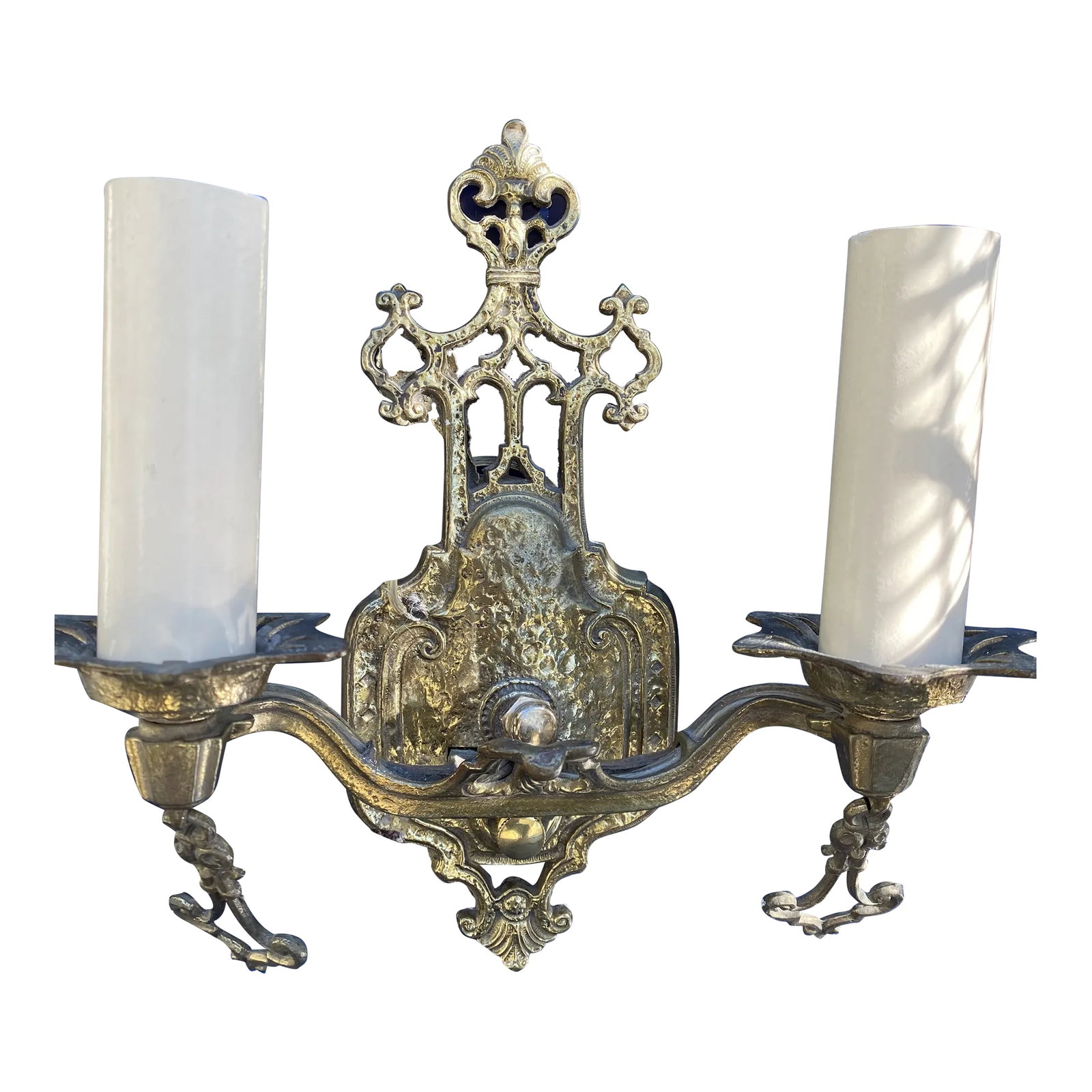 Vintage 1920s Two Light Halcolite Brass Wall Sconce: Old Lights On is pleased to offer this vintage brass two arm Halcolite wall sconce. It is wired and ready to install. We ship everywhere. Excellent condition. Follow us on Chairish for more great