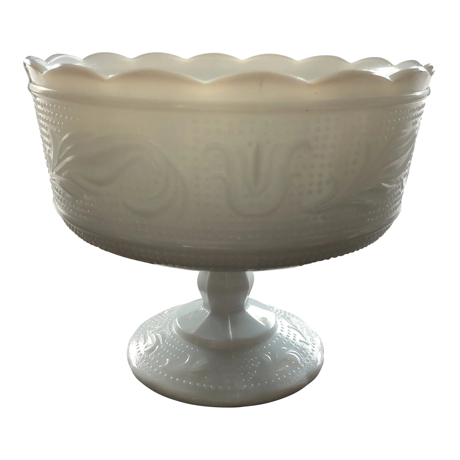 Vintage E.O.Brody Cleveland Milk Glass Footed Bowl: This vintage footed milk glass bowl is the perfect serving piece. Made by E.O.Brody Company, this rare find will add class and history to your table and kitchen. It has a fluted edge with decorative