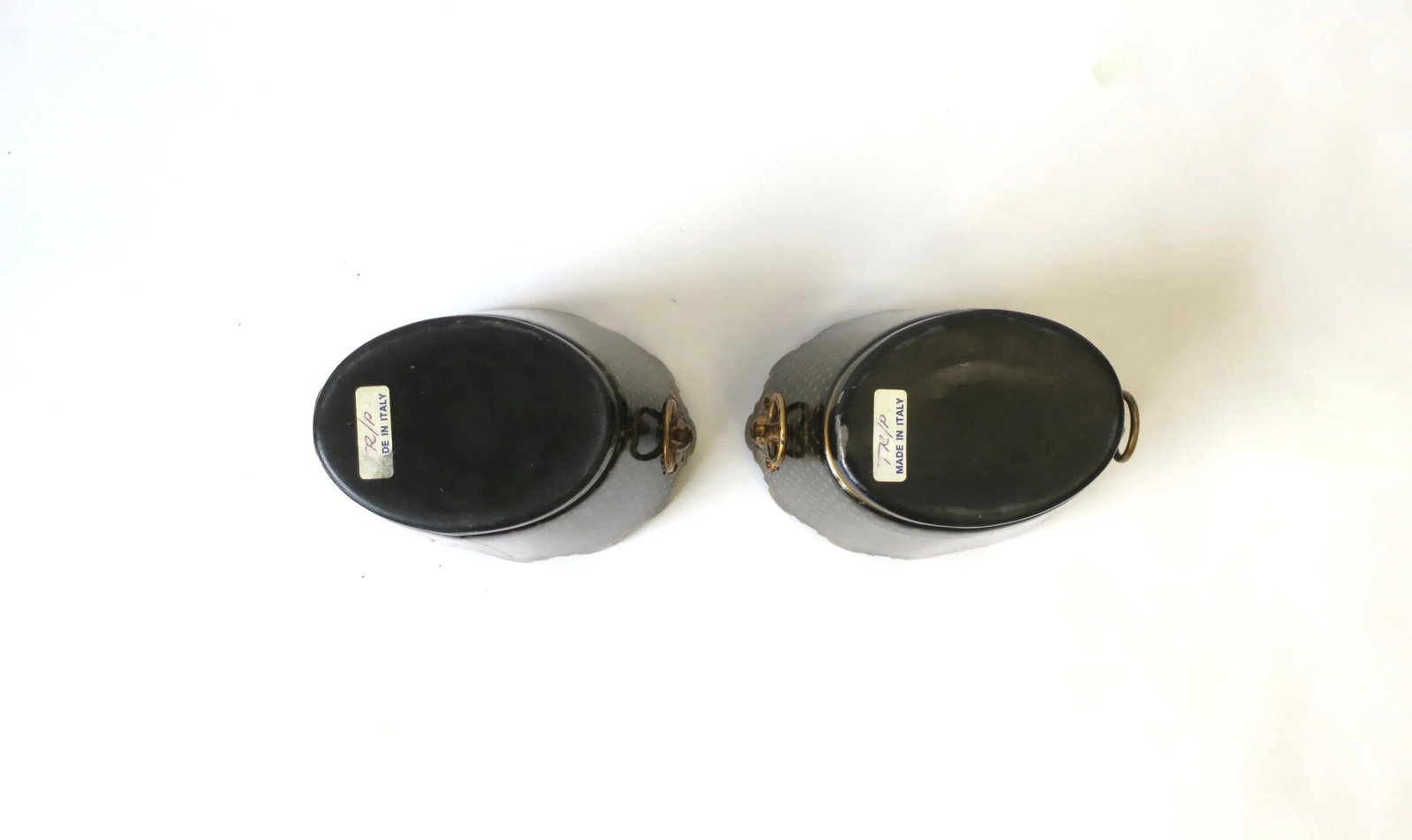Italian Black & Gold Tole Cachepot Jardiniere Lion Head Planters, Pair - 12
