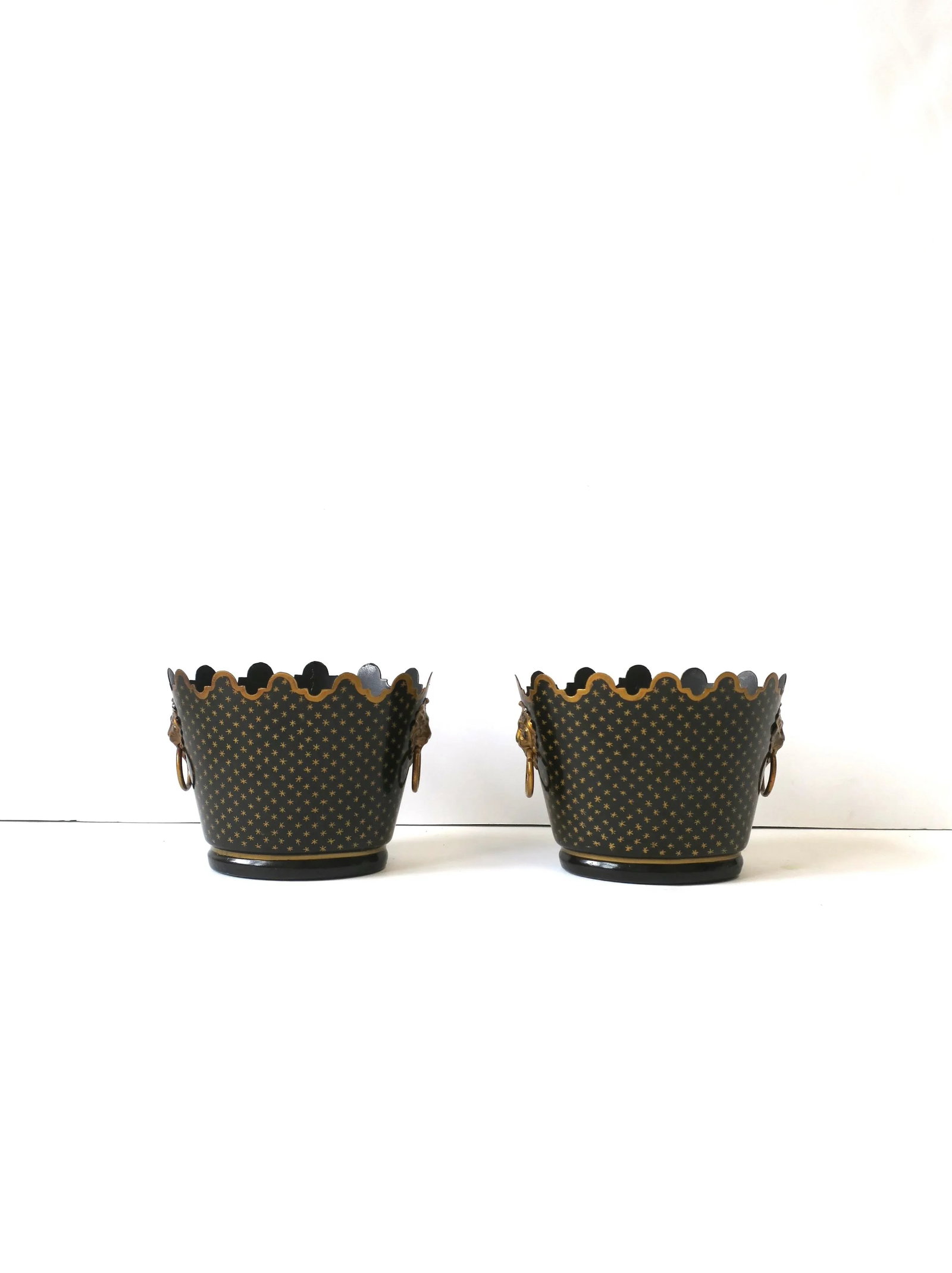 Italian Black & Gold Tole Cachepot Jardiniere Lion Head Planters, Pair - 13