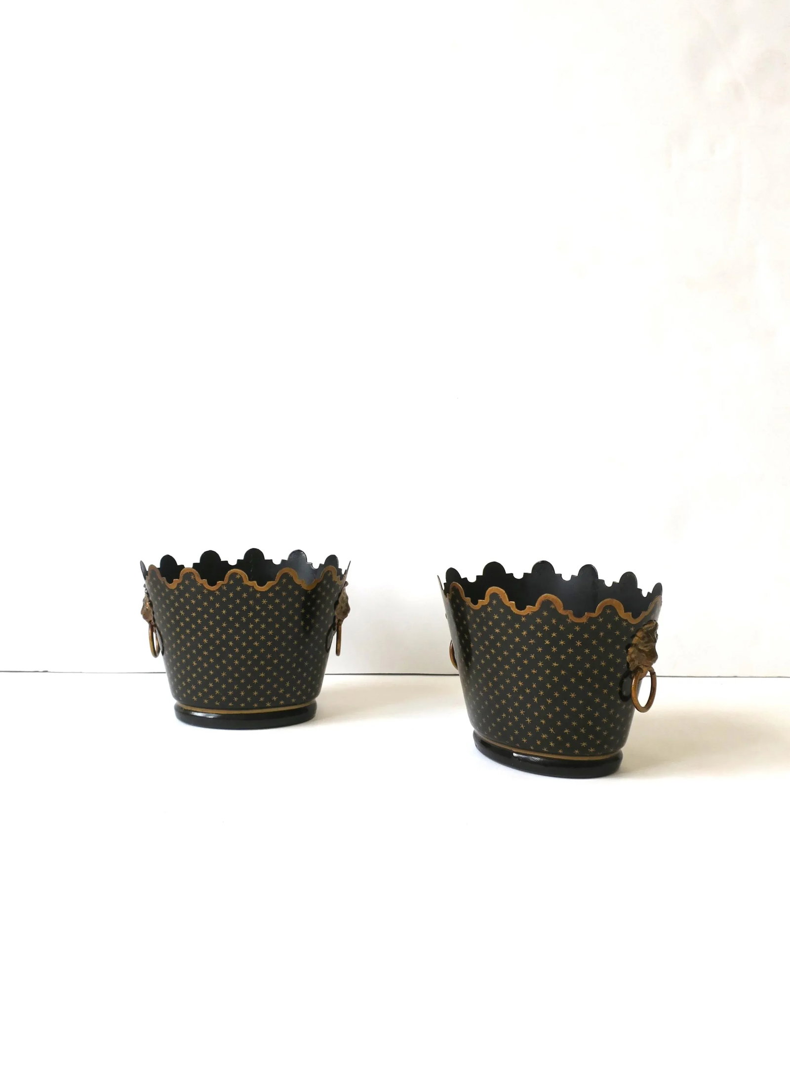 Italian Black & Gold Tole Cachepot Jardiniere Lion Head Planters, Pair - 2